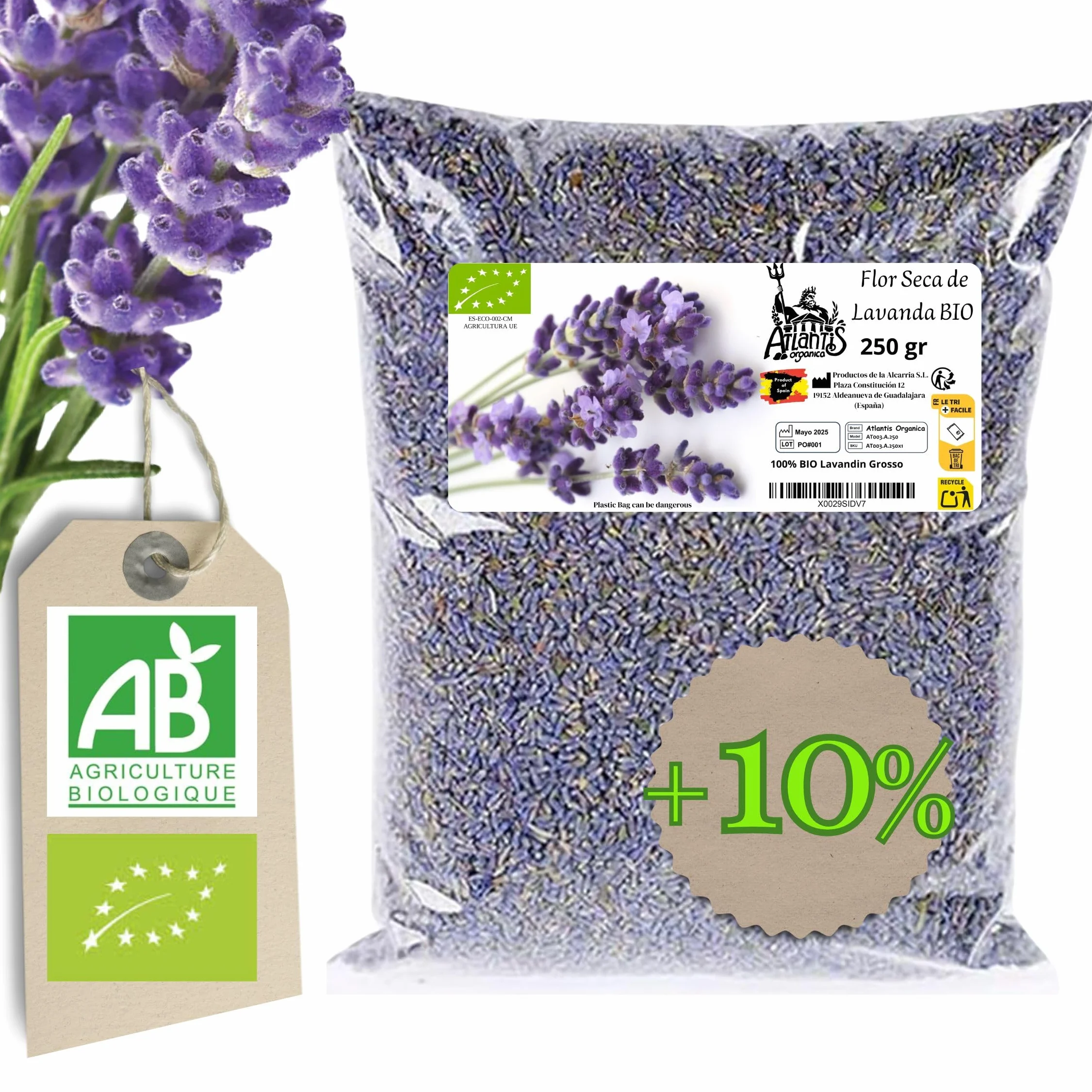 Lavande Bio séchée Naturelle Lavandin Grosso 250gr Fleur séchée Ecologique pour désodorisant, Huile Essentielle, savons, cosmétiques, Bougies