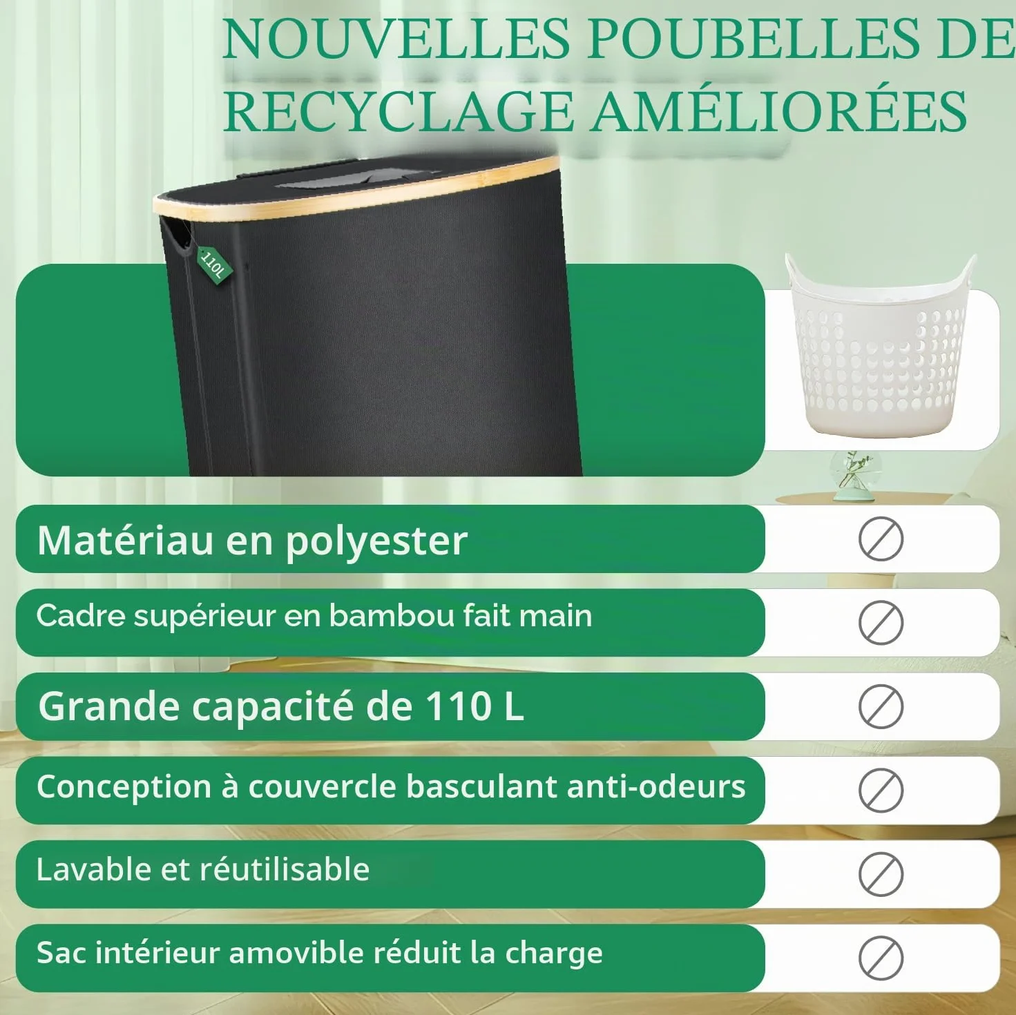 MOWETOO Poubelle de recyclage 110 l cuisine avec couvercle 2 sacs intérieurs amovibles