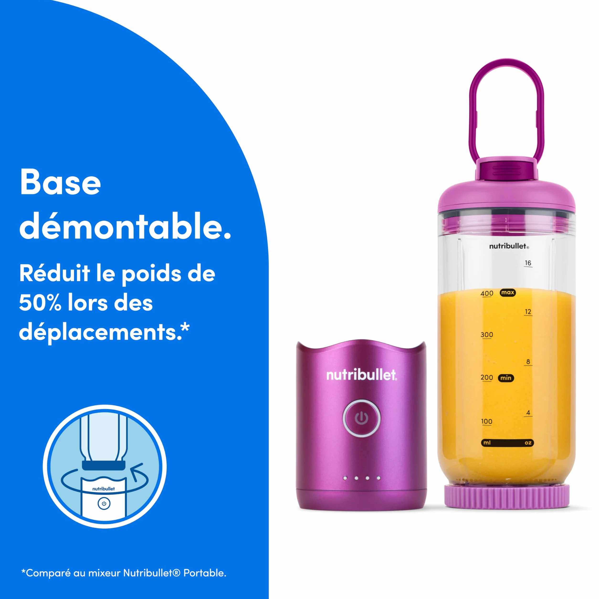 nutribullet Flex 590ml - Blender Portable pour Smoothies avec Couvercle à Bec, Mixeur Hachoir, Broie Glace et Fruits Surgelés, USB-C, Tasse sans BPA, Facile à Nettoyer, Violet (NBP013VT)