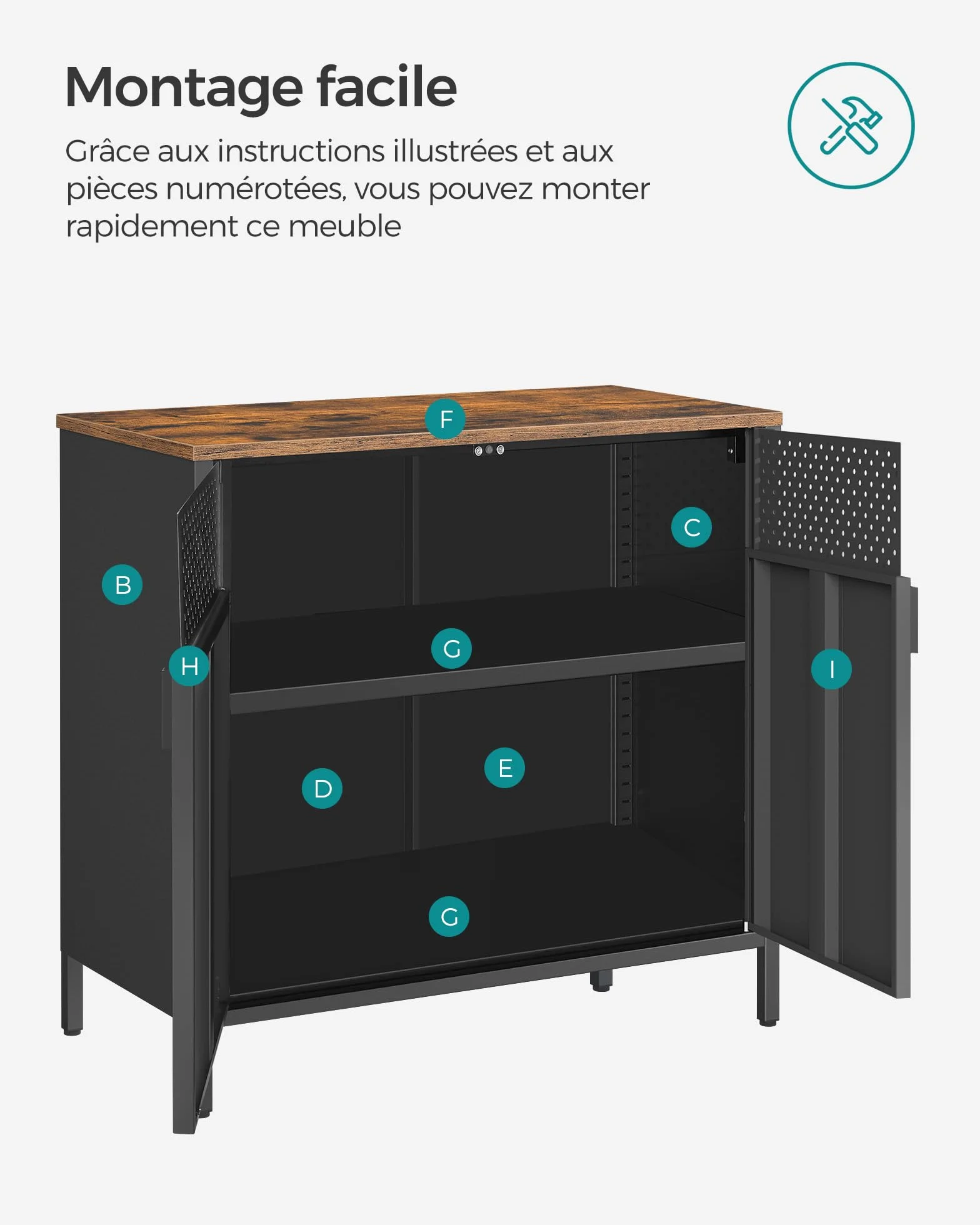 SONGMICS Meuble de Rangement, Buffet, en Métal, Double Porte, Fermeture Magnétique, Cadre en Acier, 40 x 80 x 76 cm, Marron Rustique et Noir LSC102B01