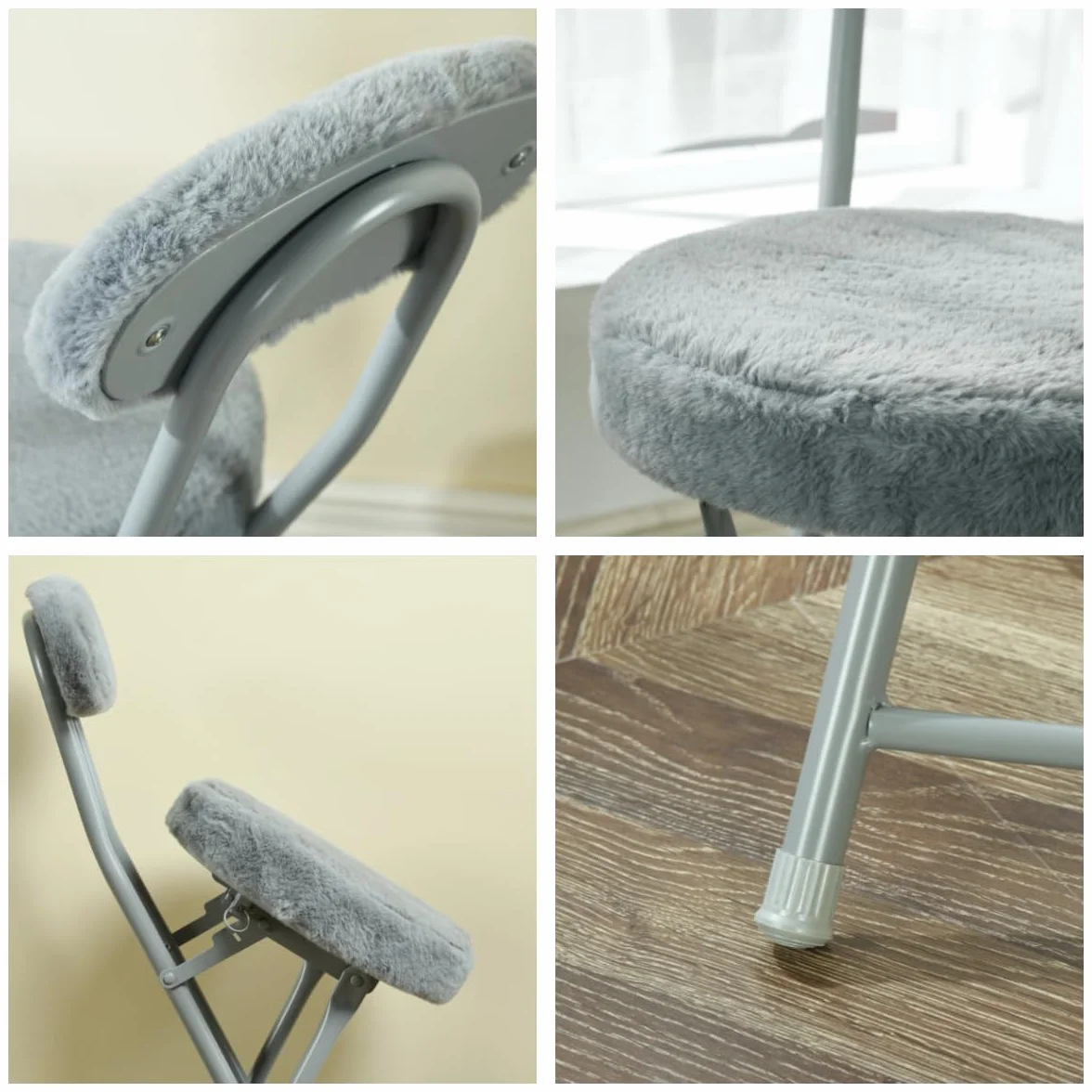Meuble Cosy Lot de 4 Chaises Pliante Tabourets Pliable Coussin Rond en Fourrure avec Dossier et Repose-Pieds, Siège de 49 cm de Haut, Style Scandinave, Gris