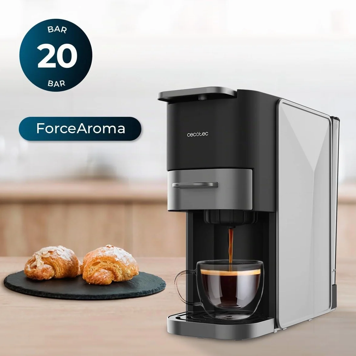 Cecotec Machine à Café Capsules Compacte FreeStyle Compact Dark Roast. 4 en 1, 1350 W, 20 Bars, Compatible avec Café Moulu, Dolce Gusto, Nespresso, ESE pod et Senseo, Réservoir 700 ml