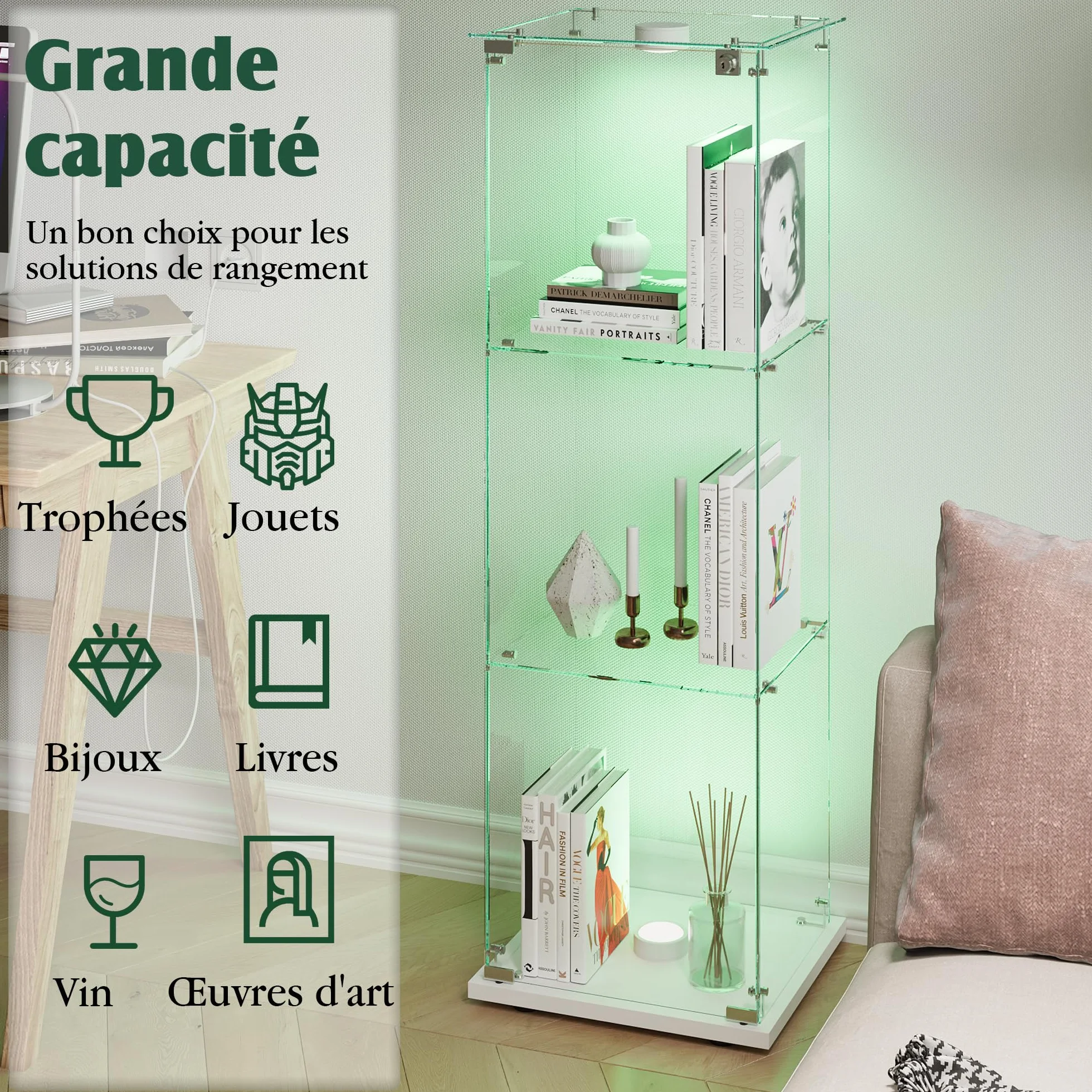 Vitrine en verre avec 1 porte et éclairage LED, 3 étagères, pour salon, bureau, chambre à coucher, 40 x 35 x 123 cm, facile à assembler, blanc