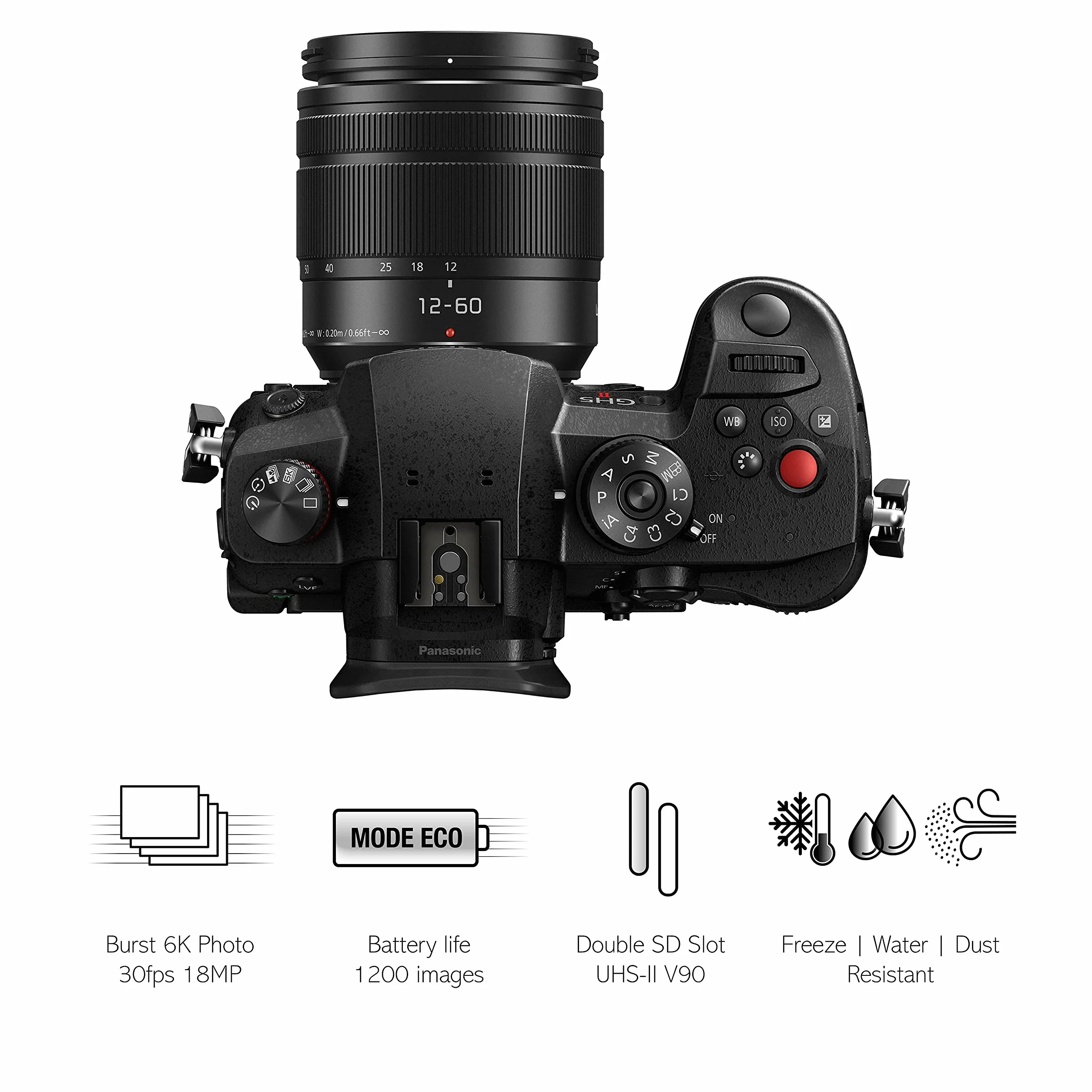 Panasonic DC-GH5M2M Lumix hybrydowy aparat bezlustekowy + obiektyw H-FS12060 12–60mm, F3.5–5.6 (transmisja strumieniowa, Live MOS 20.3MP), czarny