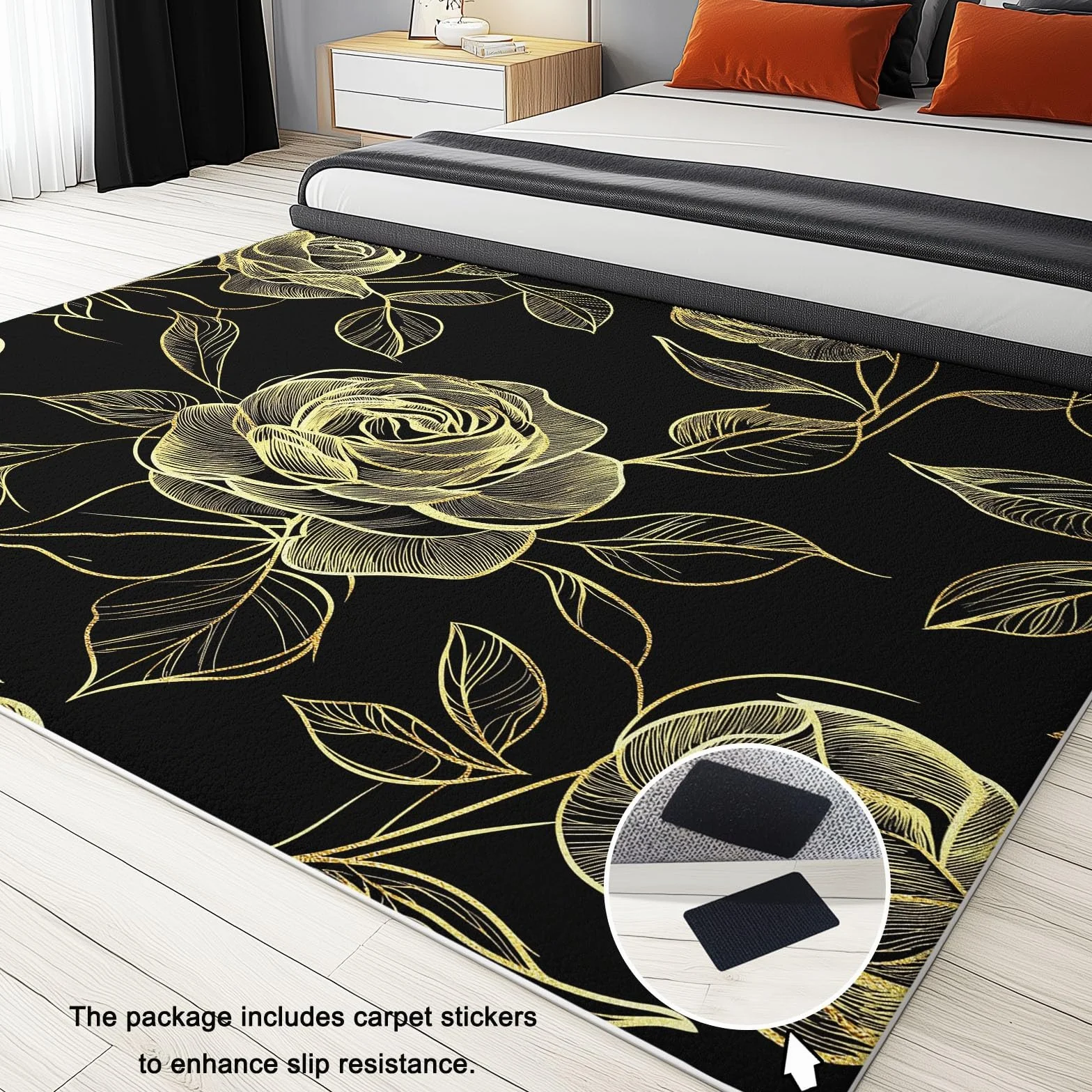 Tapis à Poils Ras, Conception de Lignes De Rêve De Roses Motif, Tapis Rectangulaire, Tapis Salon-Salle à Manger ou Adulte Chambre 140 x 200 cm Poil Court Léger Résistant Fin Doux, Noir Or