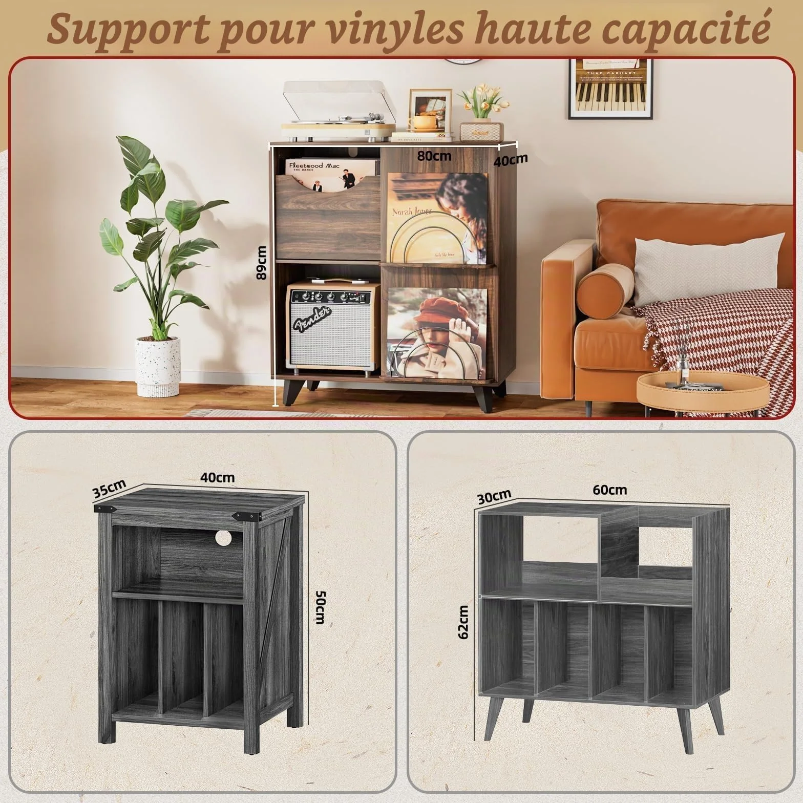 Bikoney Meuble Platine Vinyle avec Présentoir et 2 Tiroirs – Support en Bois et Meuble TV, Porte Vinyle pour Toutes Les Platines et Enceintes, Rangement pour Salon ou Chambre
