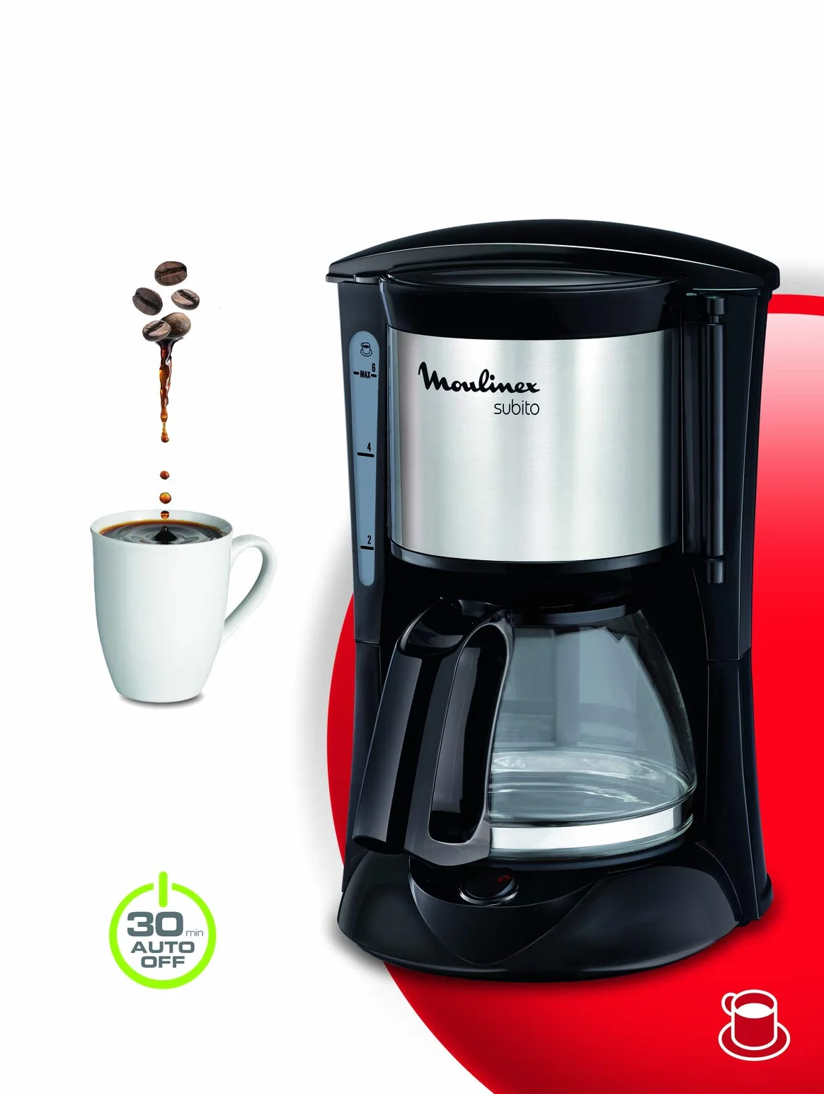 Moulinex Subito Cafetière filtre électrique, 0,6 L soit 6 tasses, Machine à café, Système anti goutte, Porte-filtre pivotant, Auto off 30 min FG150813, Noir/Inox