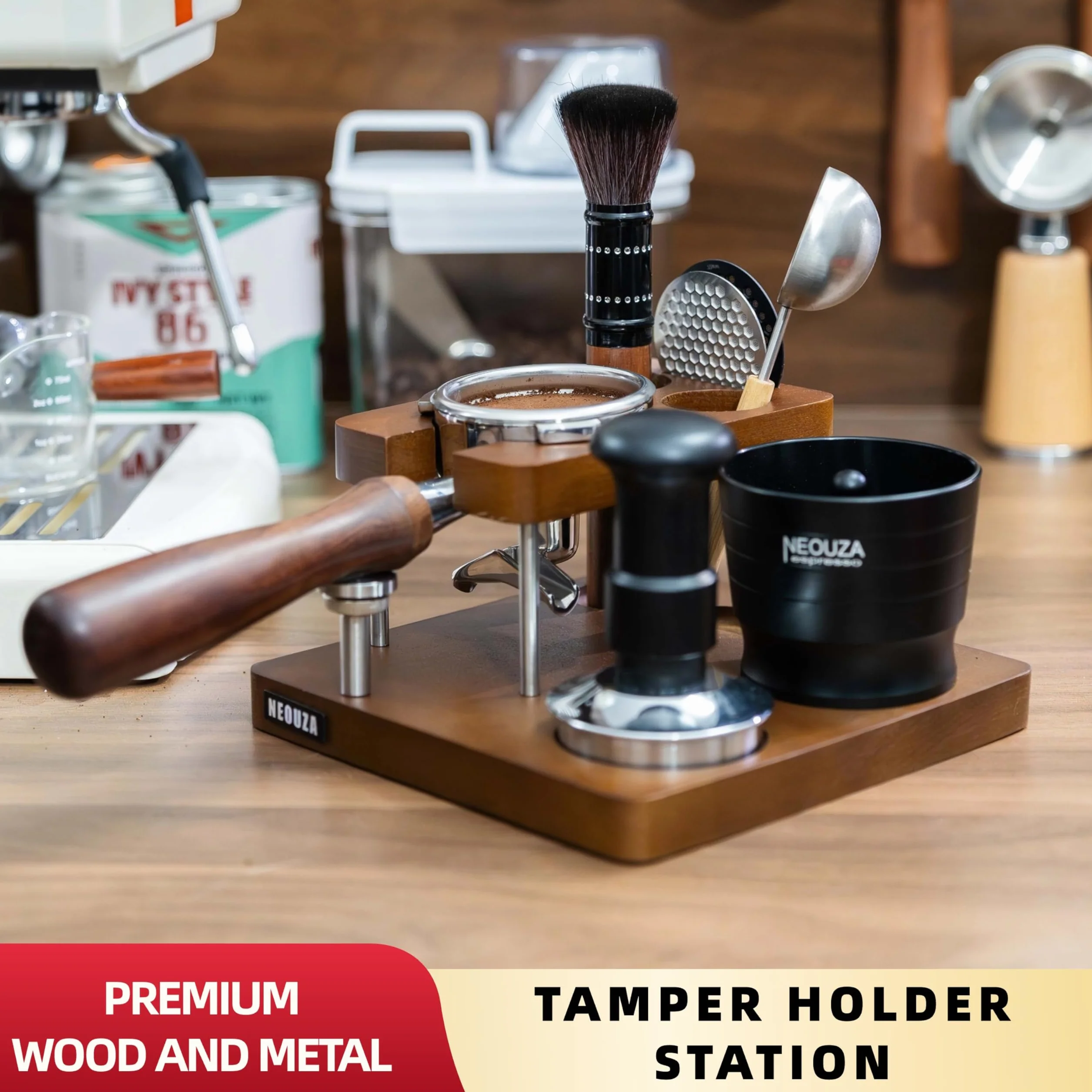 NEOUZA Station tassage 58mm 7-en-1 rangement, pour E61 et 58mm pro/domestiques, compatible Rancilio, Gaggia, Rocket, hauteur réglable, bois massif
