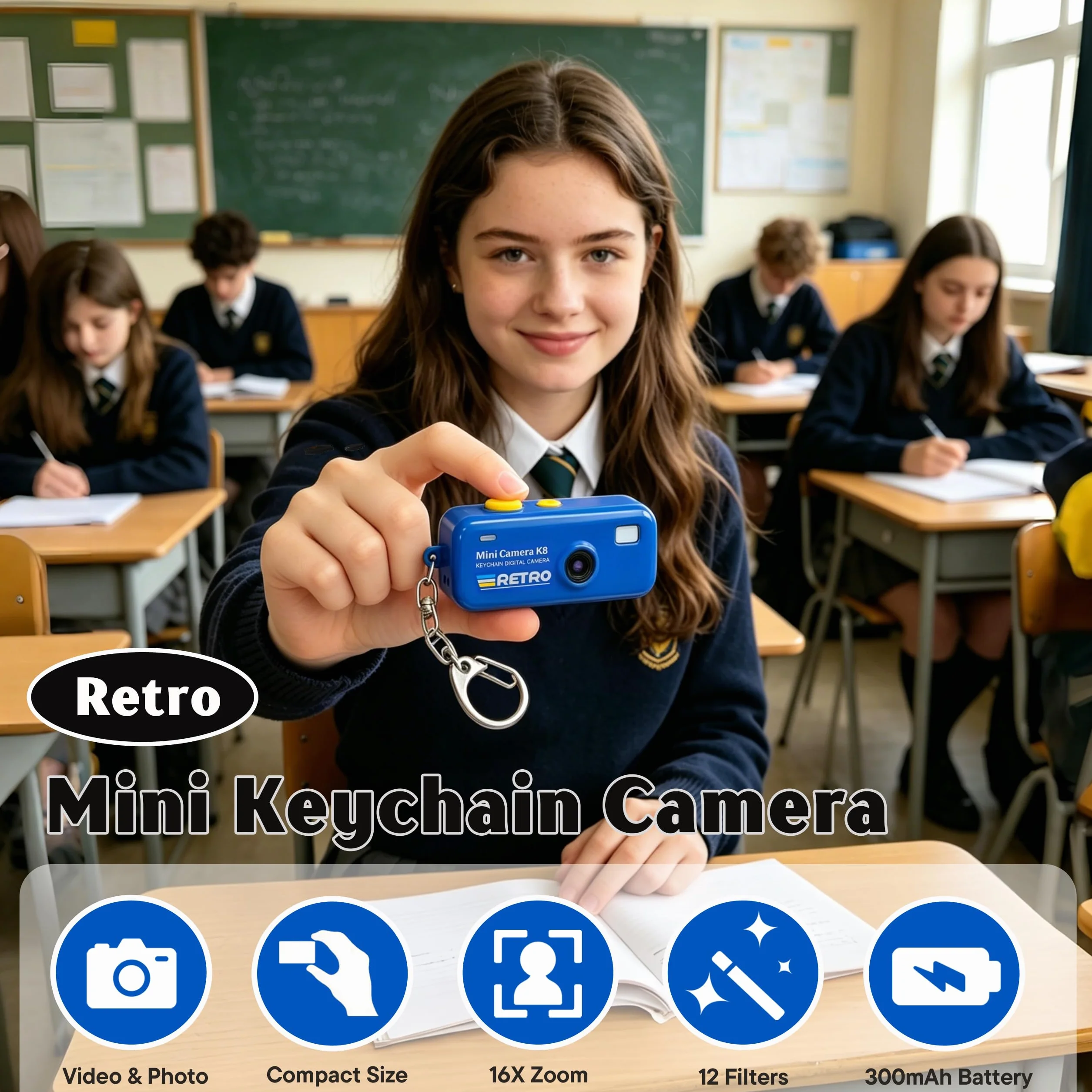 Aparat Cyfrowy na Breloku KoveYzao, Mini Aparat 1080P z Kartą 8 GB, Nagrywanie Zdjęć i Filmów, 12 Filtrów oraz Zoom 16X, Aparat 64 Megapikseli dla Początkujących, Nastolatków i Dorosłych (Niebieski)