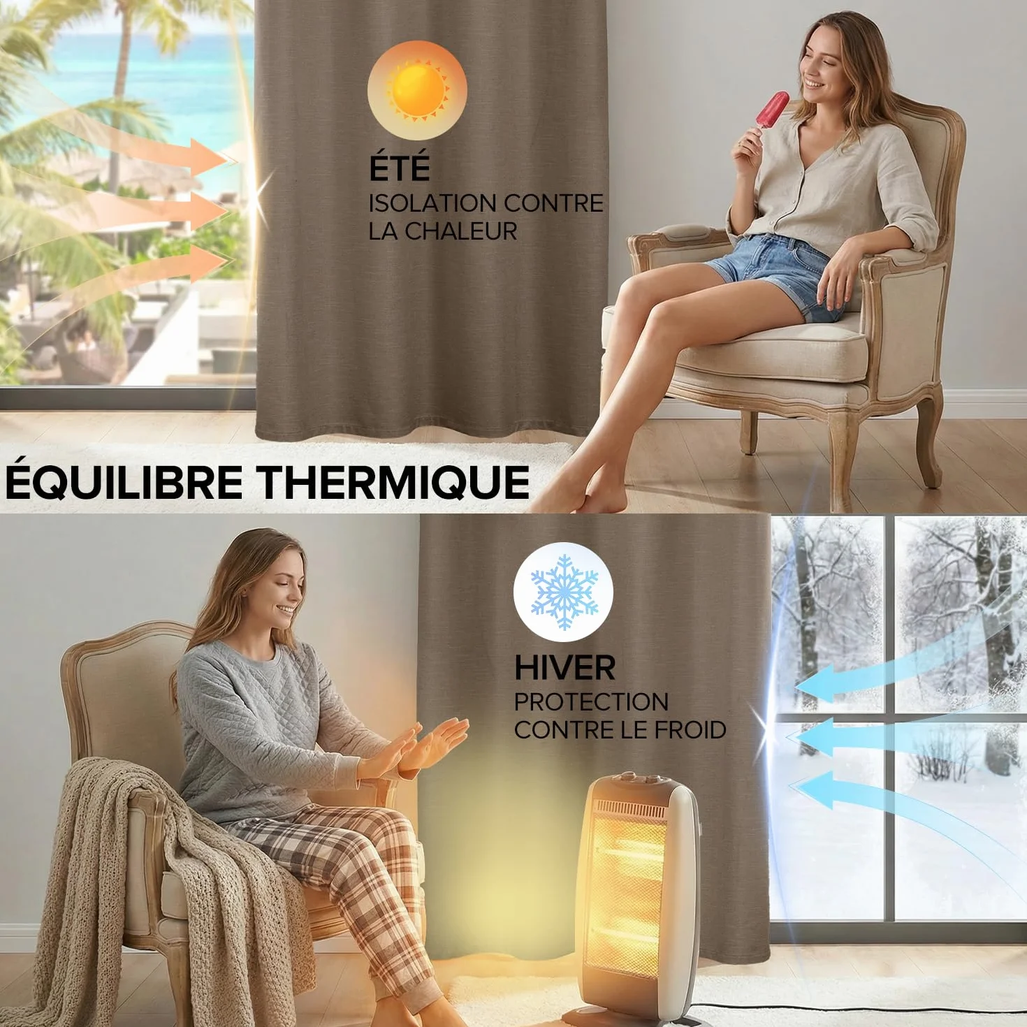 Rideau Thermique Isolant Anti Froid Lot de 2 120x140 Lin pour Salon Chambre