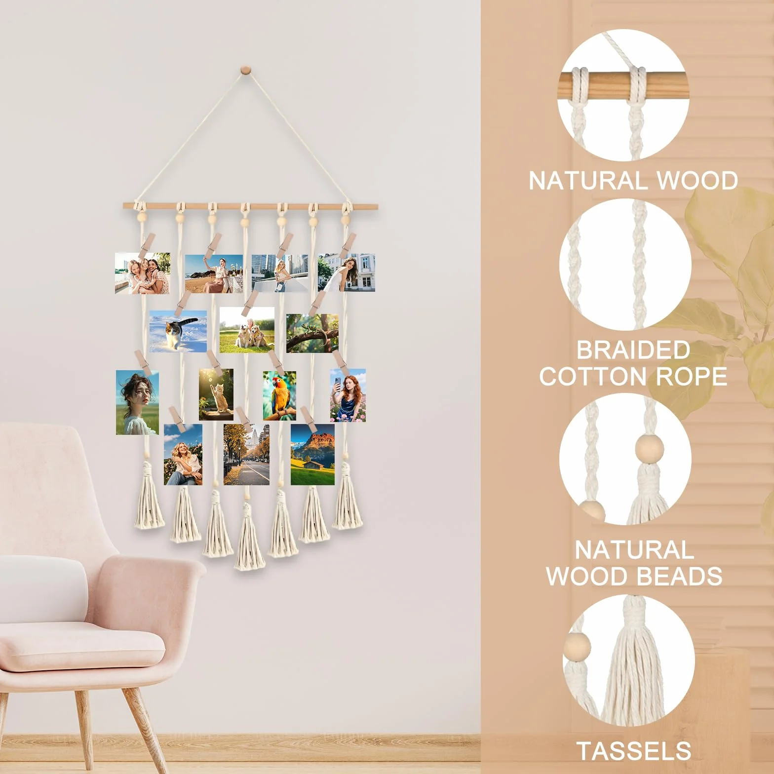 Suspendu Pele Mele Photo Mural Porte Photo Murale Suspendue Bohème 30 Pinces en Bois 2 Clous sans Trace