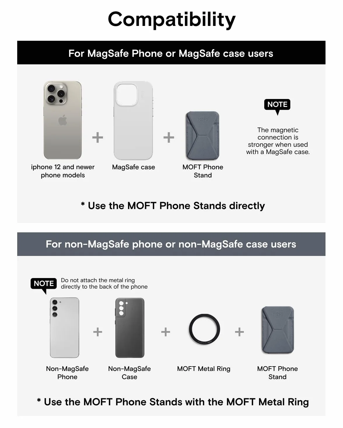 MOFT Magsafe uchwyt na karty iPhone 17/16/15/14/13/12, portfel Magsafe z MOVAS, skóra wegańska, mocny magnetyzm, 3-trybowy uchwyt na telefon komórkowy, 2 uchwyty na karty (zimnoszary)