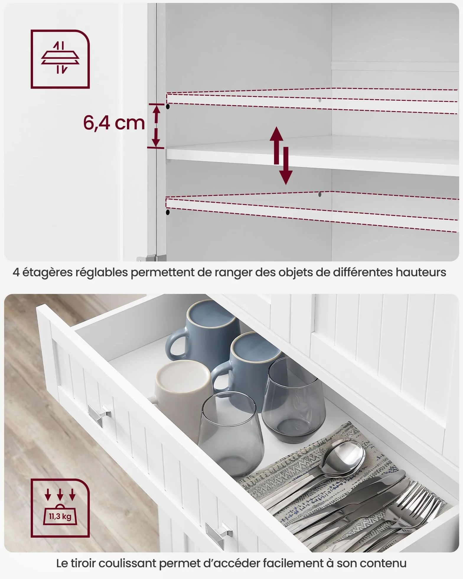 VASAGLE Buffet Haut Cuisine, Meuble de Rangement, Armoire, Vaisselier, Hauteur 182,1 cm, avec Tiroir, Placards, Étagères Réglables, pour Salon, Cuisine, Blanc BBC561W21