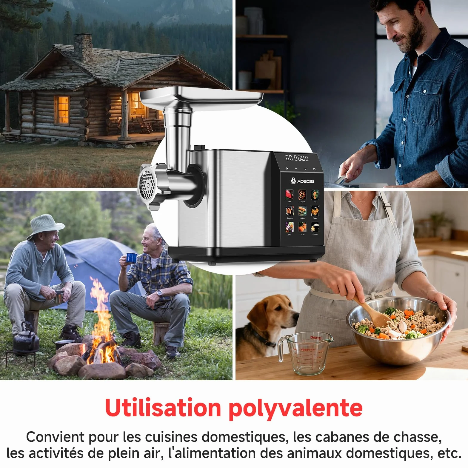 AAOBOSI Hachoir À Viande Électrique [3000W Max] - Avec Écran LED & 9 Réglages de Vitesse - Récipient de Stockage Intégré - Accessoires à Trancher, Saucisses et Kibbe Inclus - Pour Usage Domestique