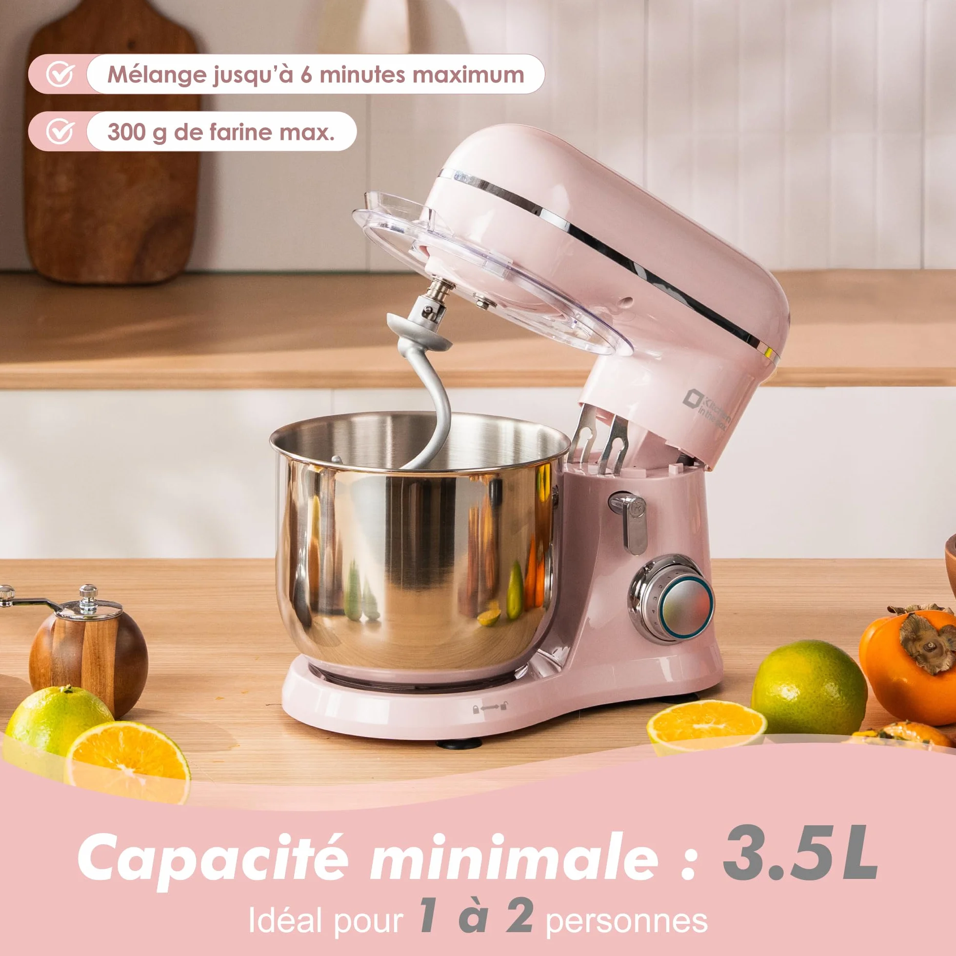 Robot Pâtissier 3.5L Compact, Kitchen in the box 10 Vitesses + Pulse, Léger 2,9 kg, Bol Inox, 3 Accessoires, Mini Robot Cuisine Multifonction, Idéal Pâtisserie Maison et Débutant (Rose Claire)