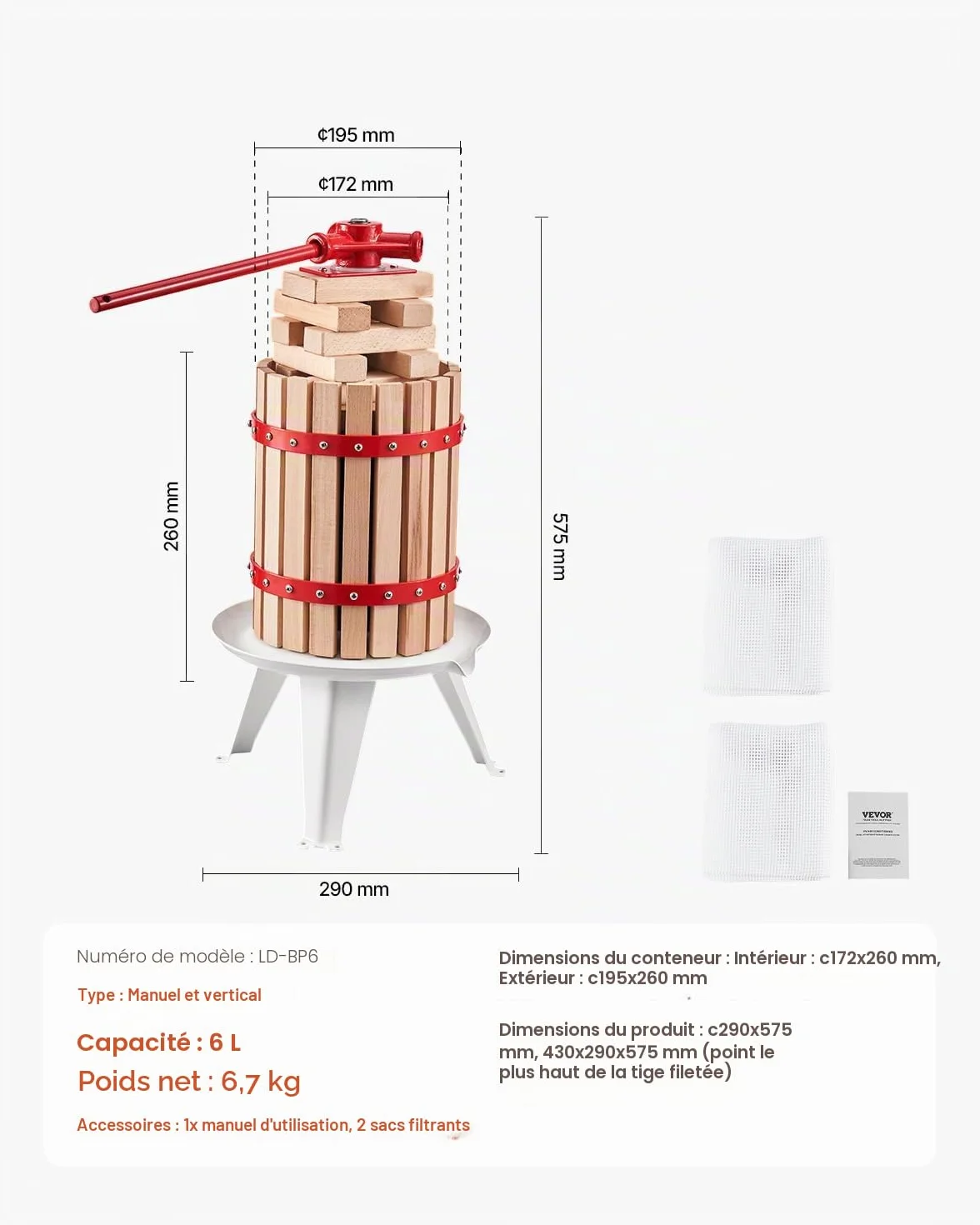 VEVOR Pressoir à Fruits Manuel 6 L, Presse à Vin avec Panier en Bois Massif avec 8 Blocs, Presse-Agrumes avec Poignée, Presse à Jus, Raisin, Cidre de Pomme, Miel pour la Cuisine et la Maison