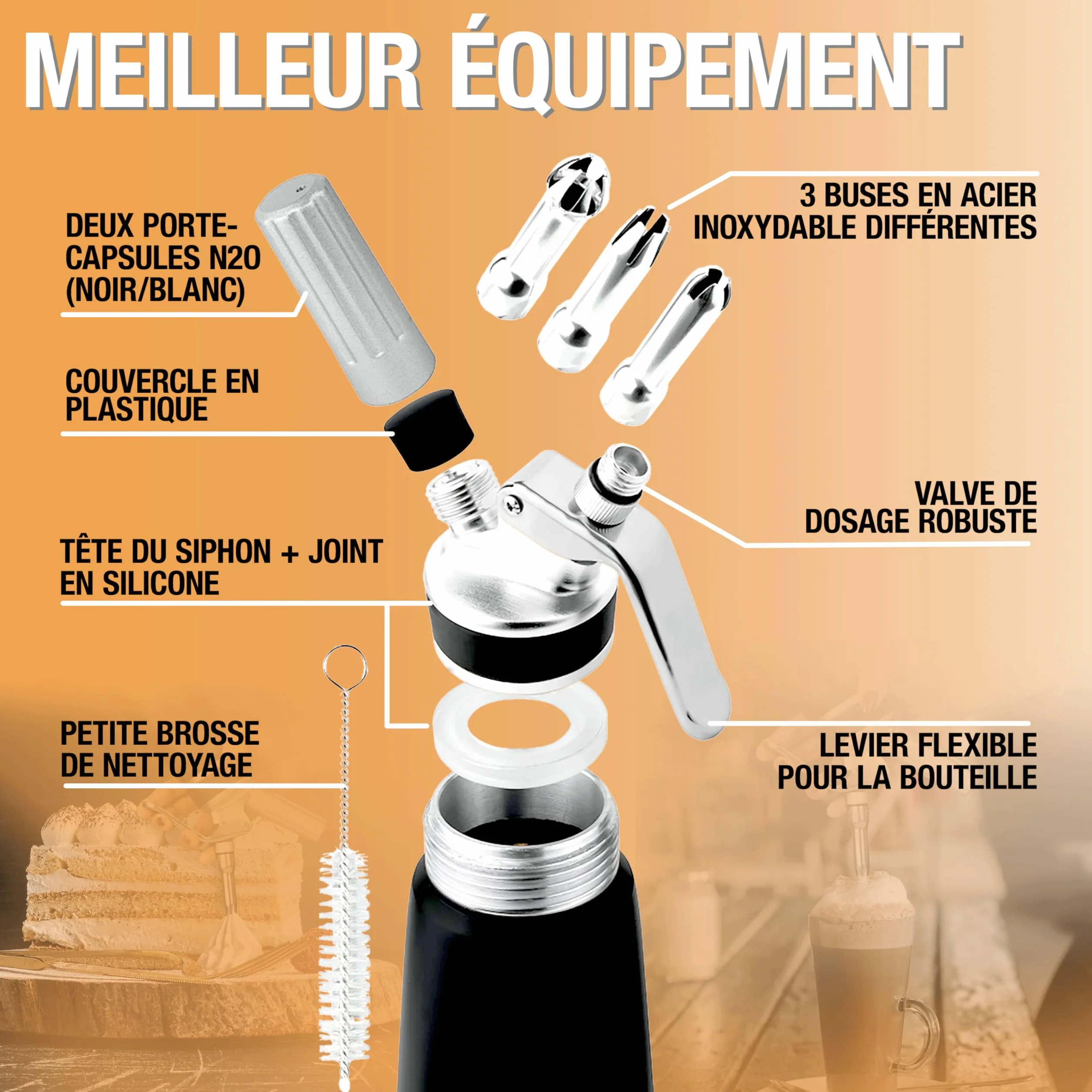 Siphon à mousse Thiru crème inox 3 douilles noir 100 jours d'essai