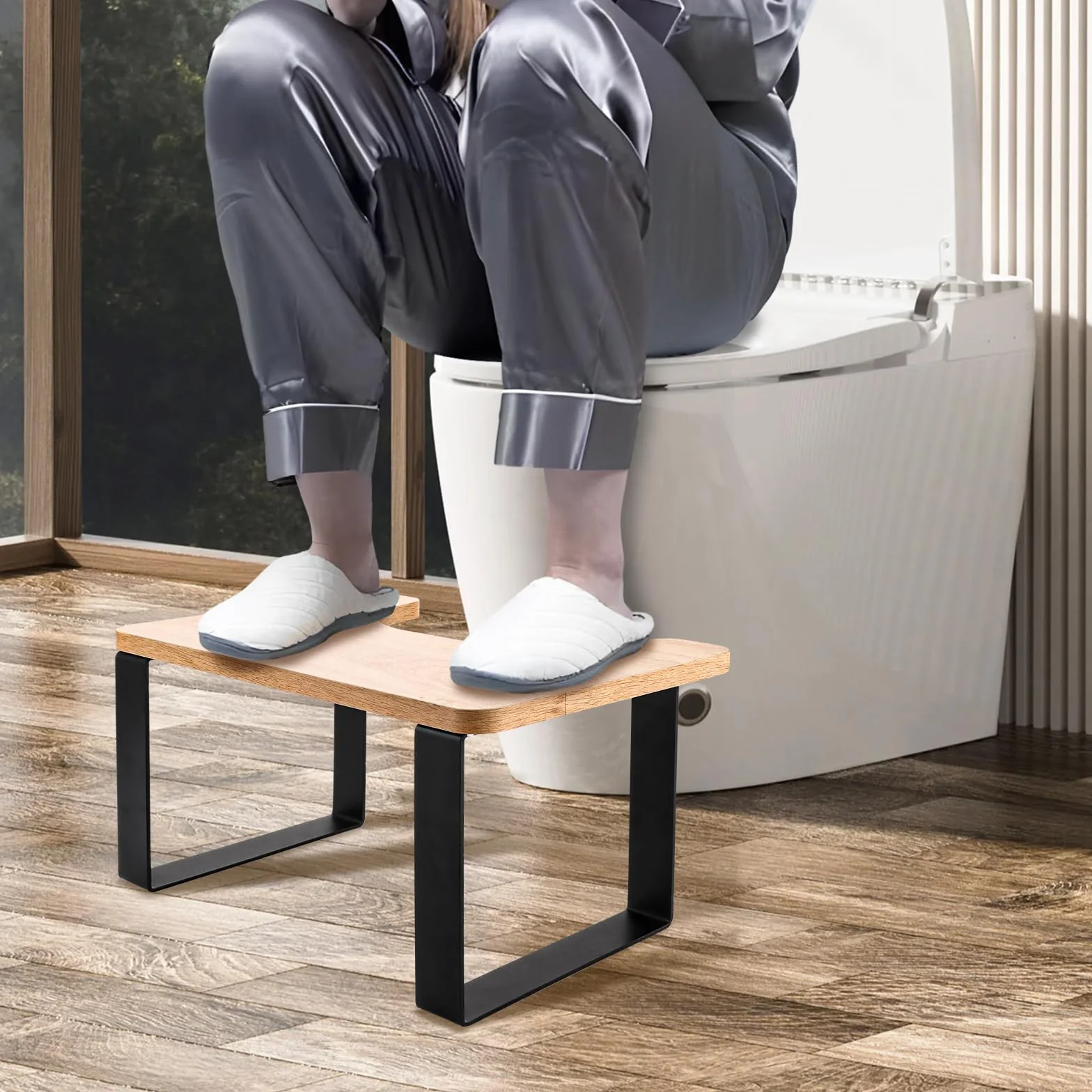 Tabouret de toilette, pour adulte, en métal et bois, noir mat, pour développer une position assise correcte et confortable
