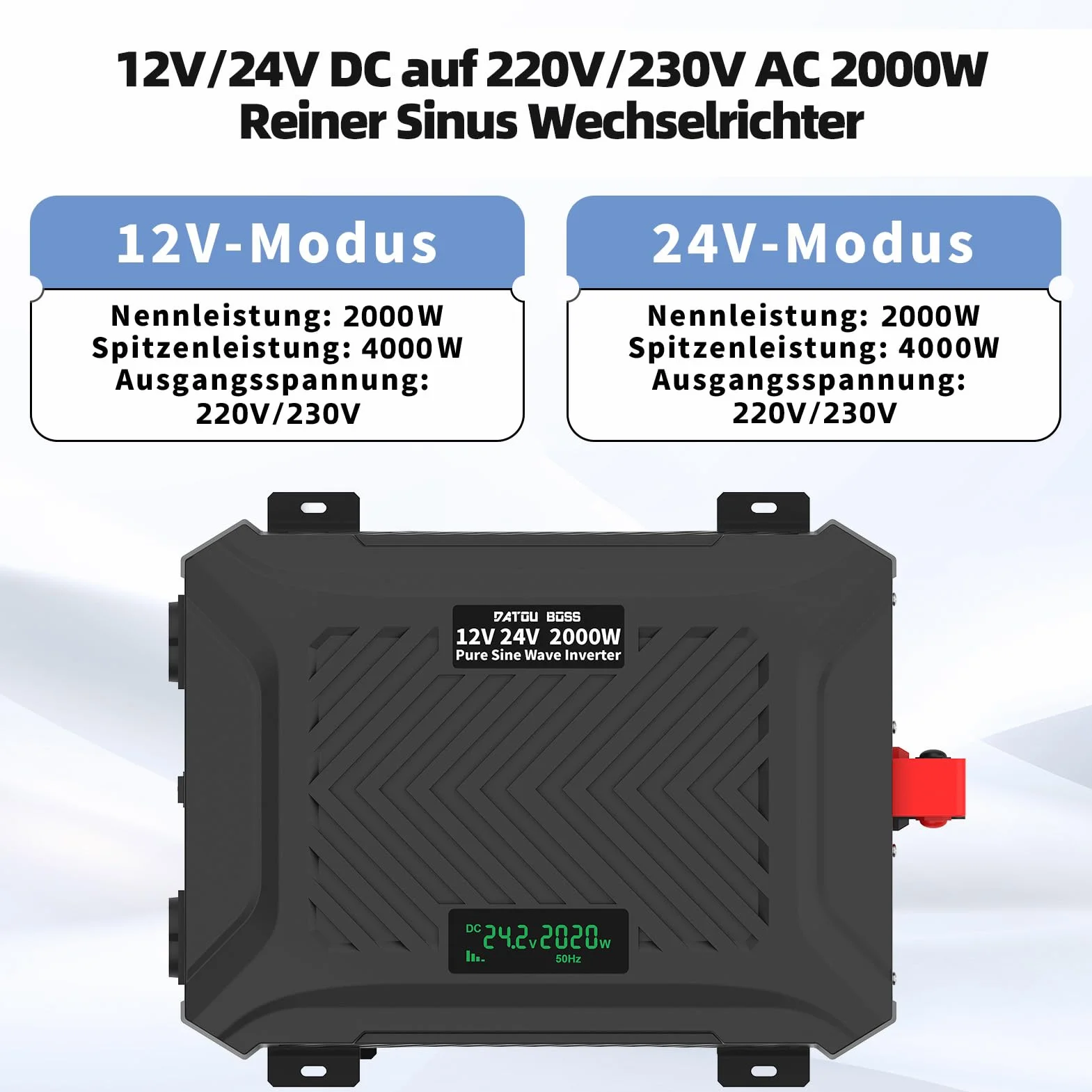 DATOUBOSS 2. generacji uniwersalna przetwornica napięcia 12V/24V na 230V 2000W/4000W czysta sinusoida z inteligentnym systemem rozpoznawania, Falownik Czysty Sinus z wyświetlaczem LCD, 2 gniazdami EU