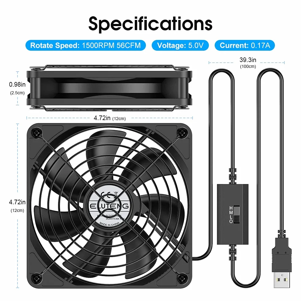 ELUTENG Wentylator USB 120 mm, 5 V, 3 regulowane prędkości, wentylator komputerowy USB, osiowy (120 mm), pasujący do komputerów, PS4, TV Boxów, odbiorników, kabin AV, routerów