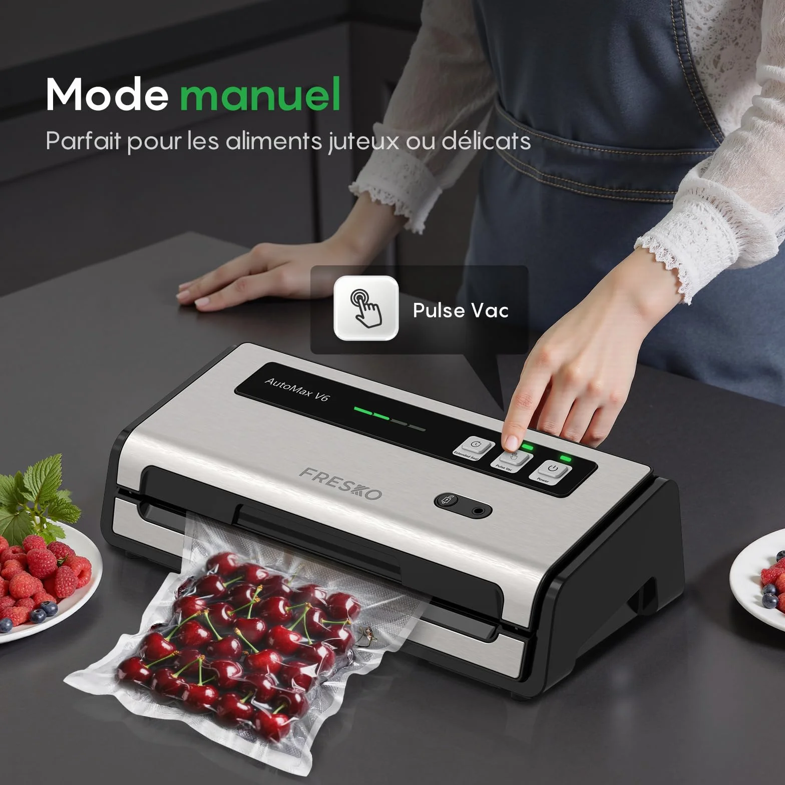 FRESKO Machine Sous Vide Alimentaire Automatique, Bandes chauffantes élargies, Coupe-sac Intégré et Rangement des Sacs, Mode Humide et Sec, Utilisation à une Main (Automax V6)