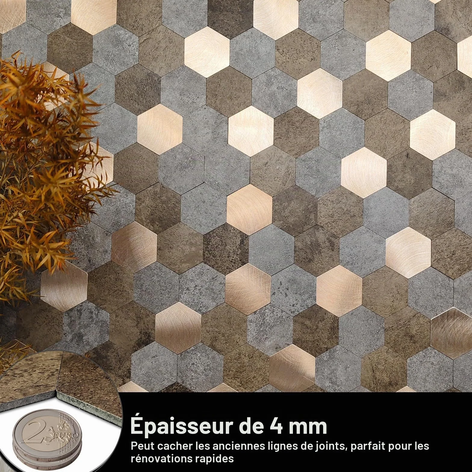 Carreaux muraux autocollants métal brossé 4 mm 10 feuilles