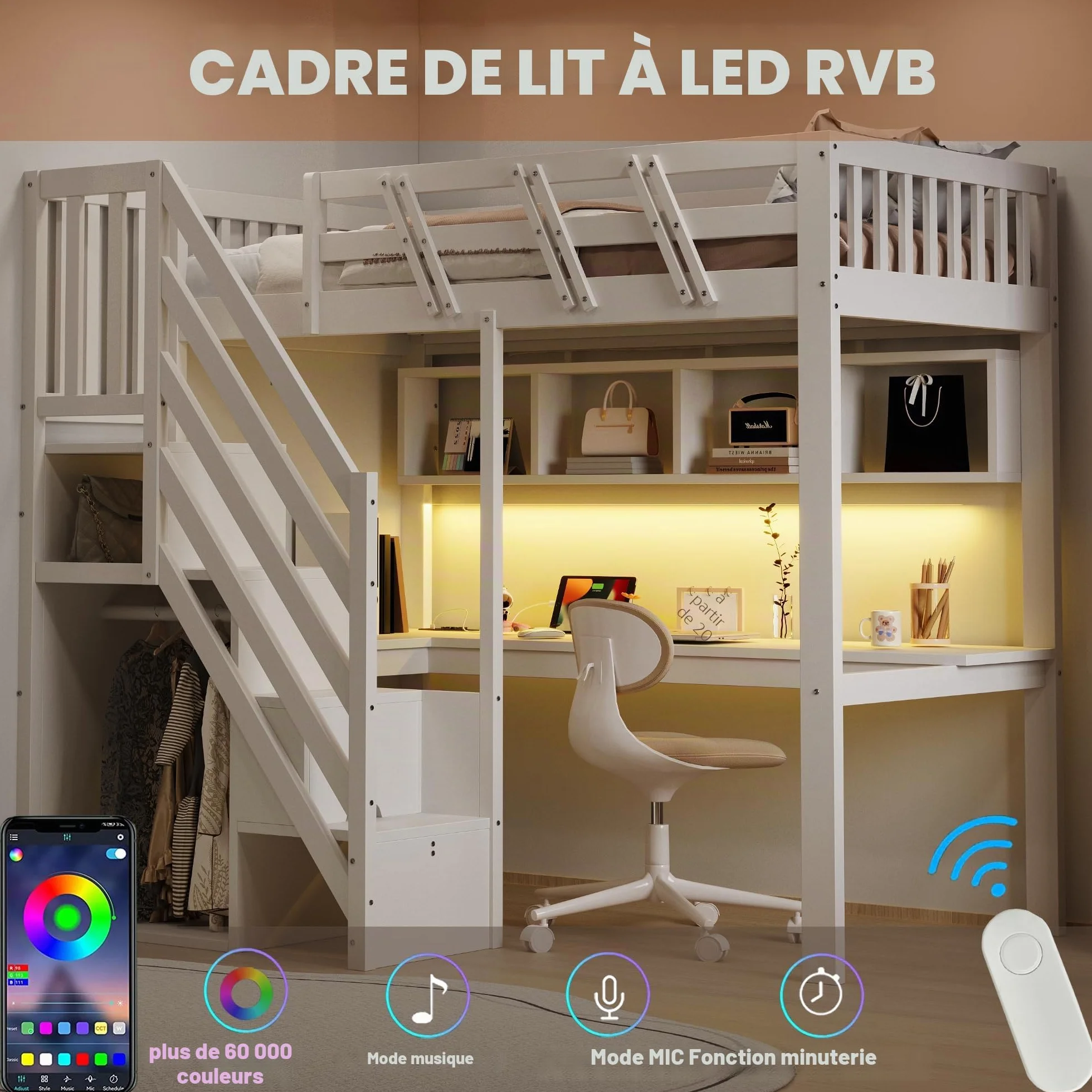 Merax Lit mezzanine 90 x 200 cm, cadre en bois massif, avec bureau, éclairage LED et prise USB, lit pour enfant/adolescent, avec espace de rangement, lit simple, peu encombrant, blanc (sans matelas)