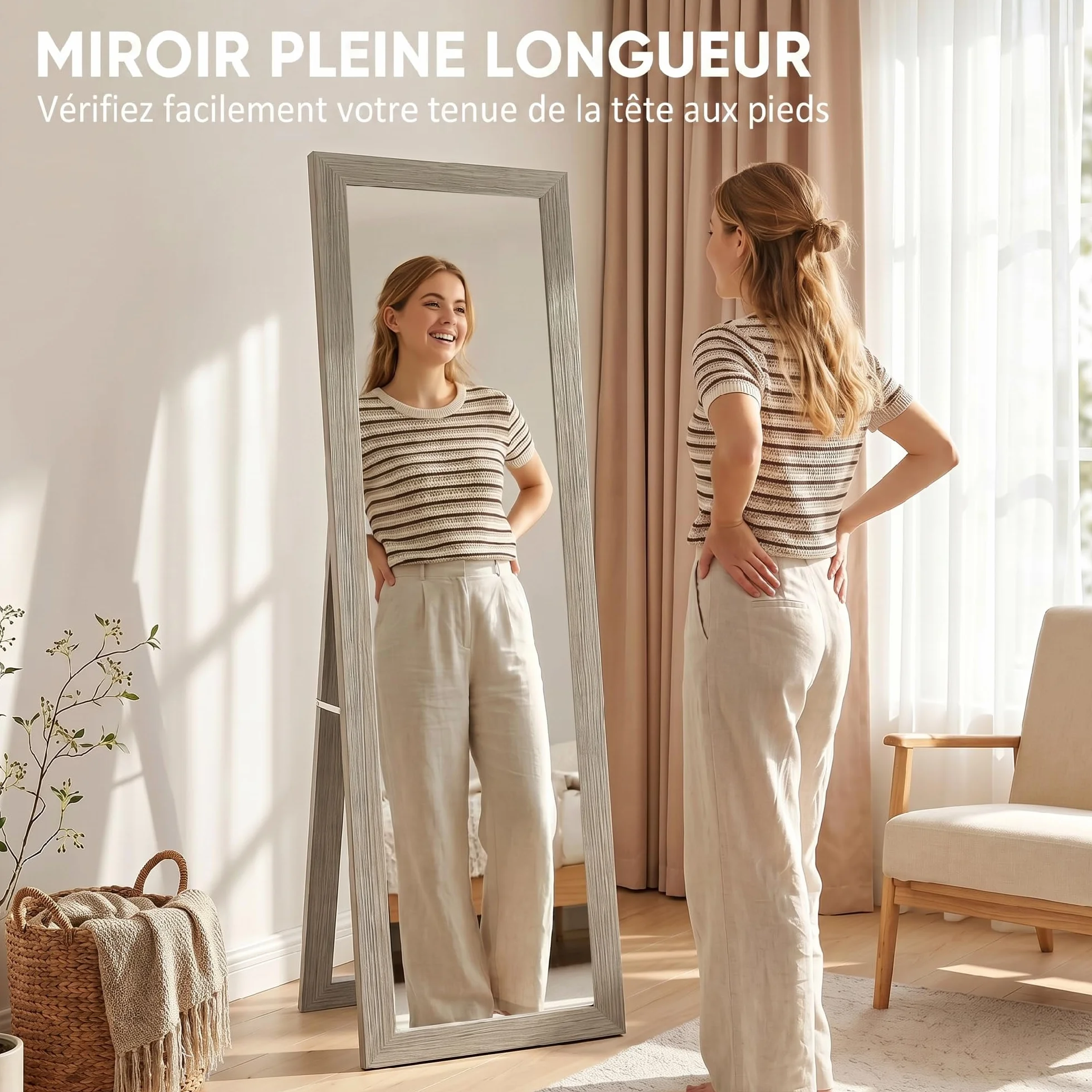 HOMCOM Miroir Rectangulaire sur Pied Mural ou à Poser avec Cadre en Bois 37 x 157 cm Gris