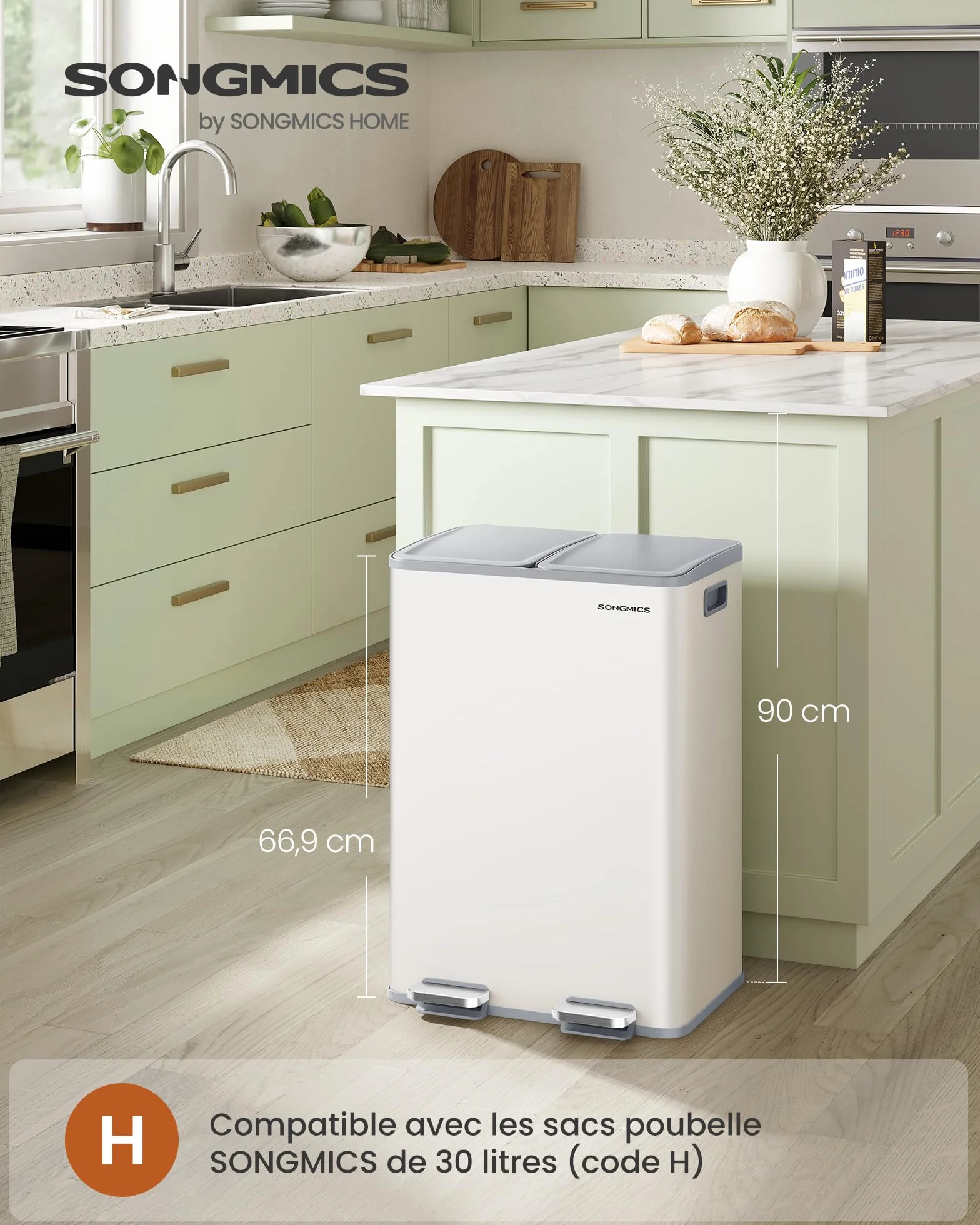 SONGMICS Poubelle de Cuisine 2 x 30 L Acier Inoxydable avec Pédale Blanc Mat LTB741W02