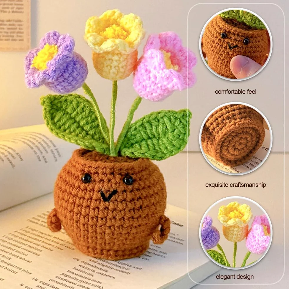 Fleurs au Crochet Faites à la Main dans un Pot, Cadeau Créatif pour Femme et Ado