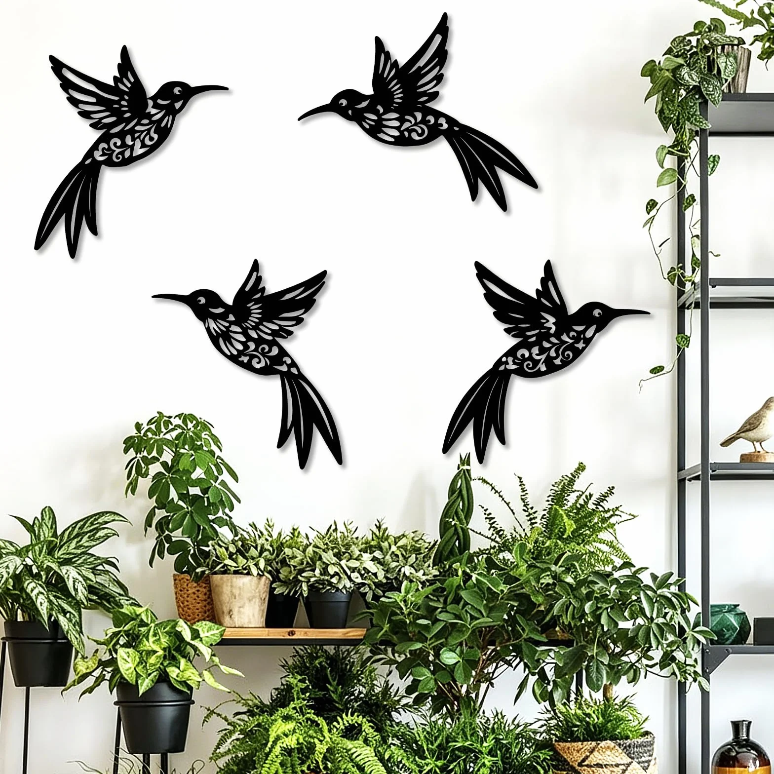 YiYa Lot de 4 Décorations Murales en Métal Colibri Style Boho Rustique Oiseau pour Intérieur Extérieur Noir