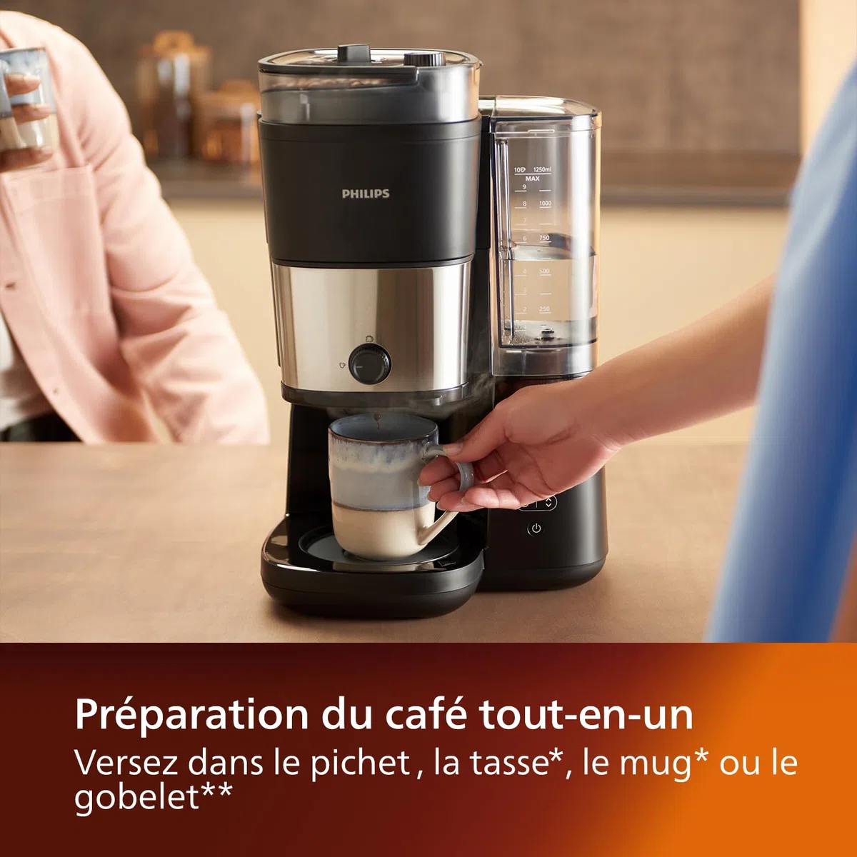 PHILIPS Cafetière filtre Tout-en-1, Broyeur conique intégré, Grains frais