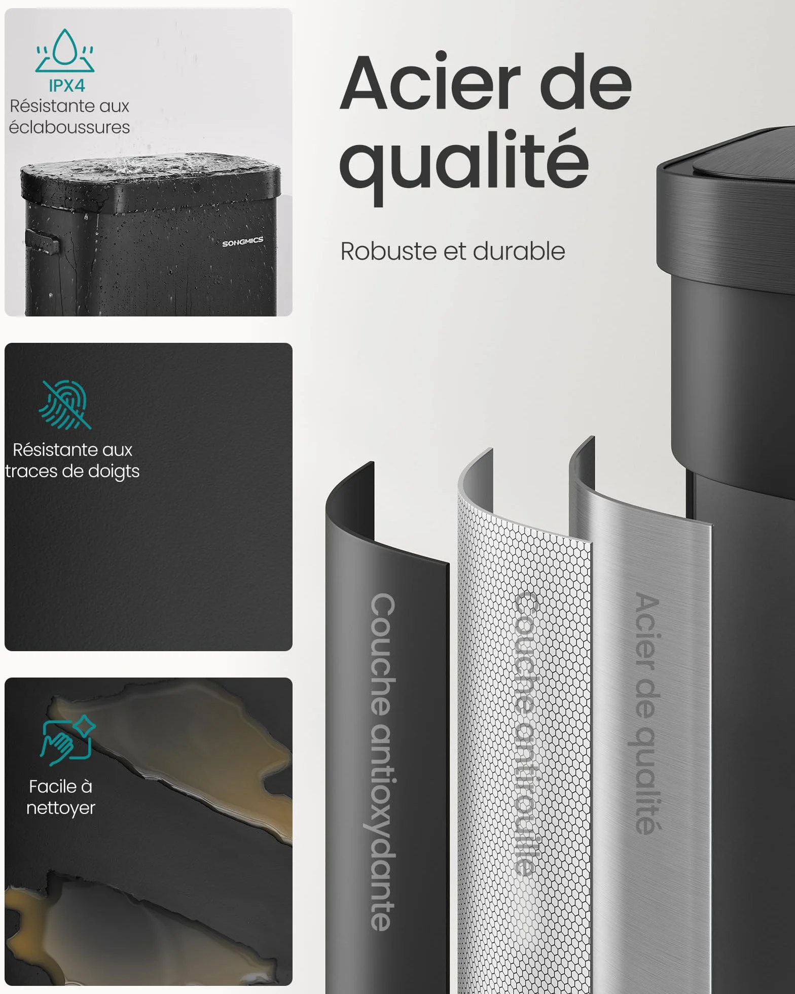 SONGMICS Poubelle de Cuisine Automatique 50 L, Capteur de Mouvement, Acier, Noir d'Encre LTB640B02