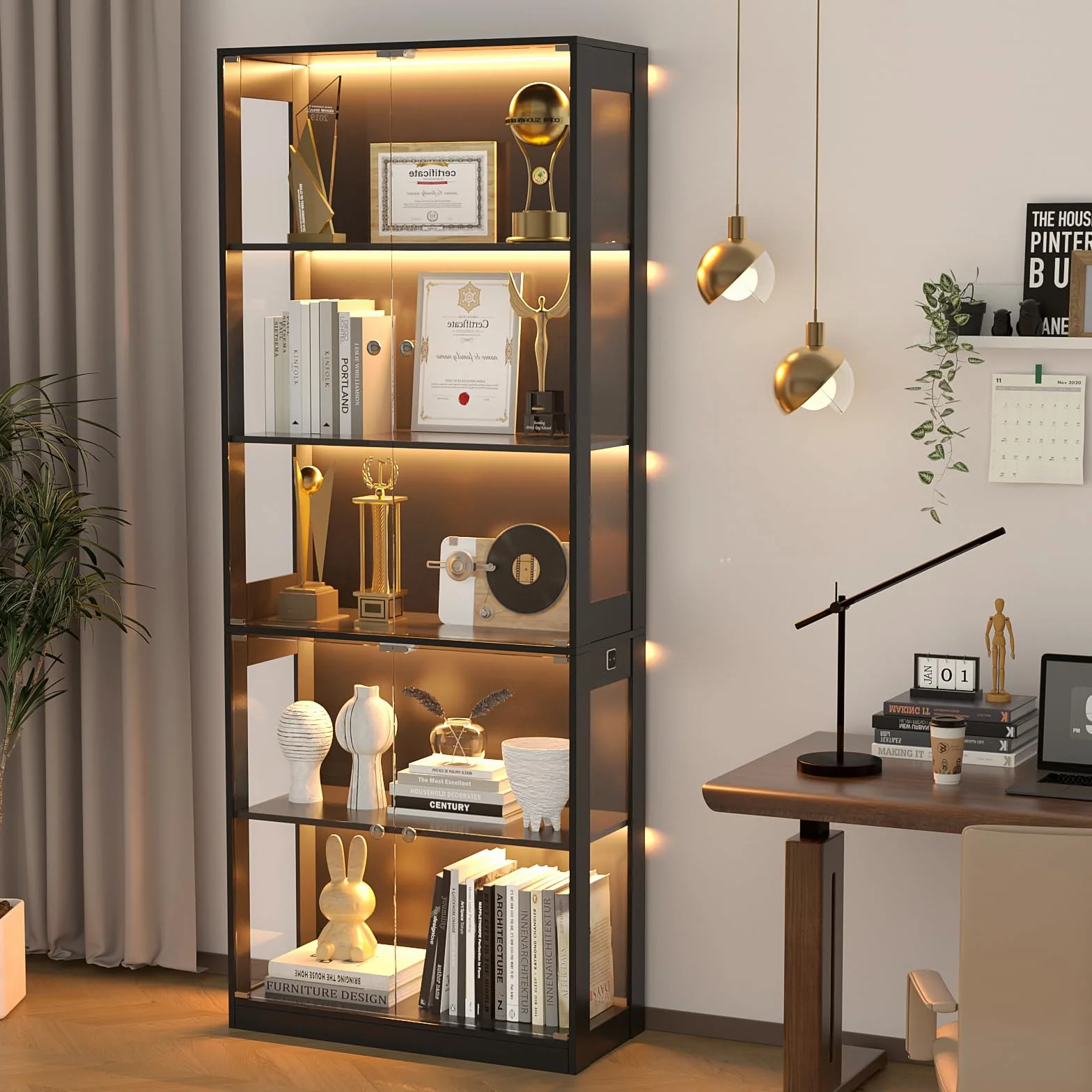 VOWNER Vitrine 5 étages en Verre avec éclairage LED 3 Couleurs, détecteur Intelligent, tablettes en Verre autonomes pour Figurines et Collection, Salon Chambre (Noir, 5 étages)