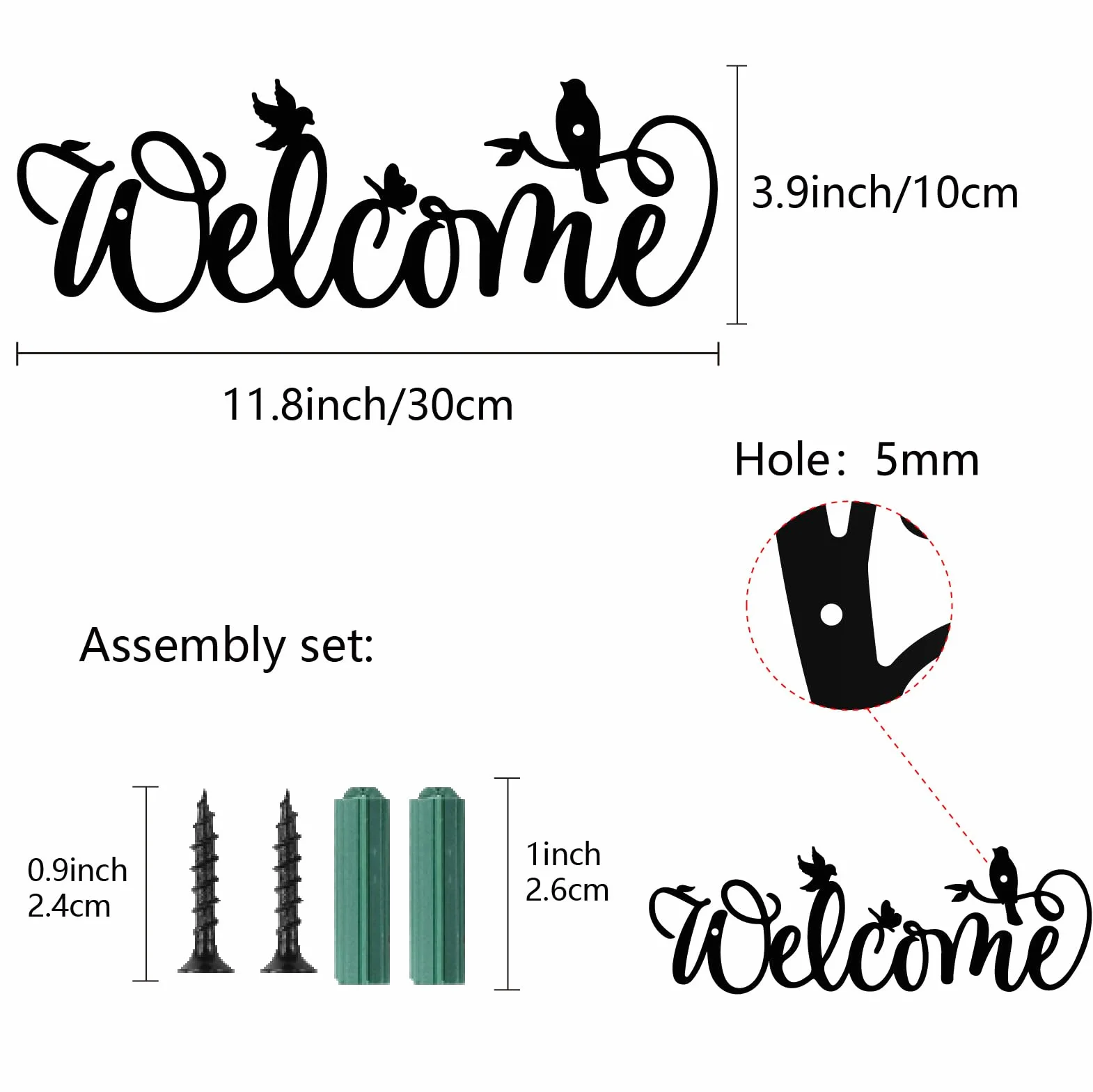 Décoration Murale en Métal CREATCABIN avec Mots Noirs, Silhouette d'oiseaux sur des Branches, 30x10cm