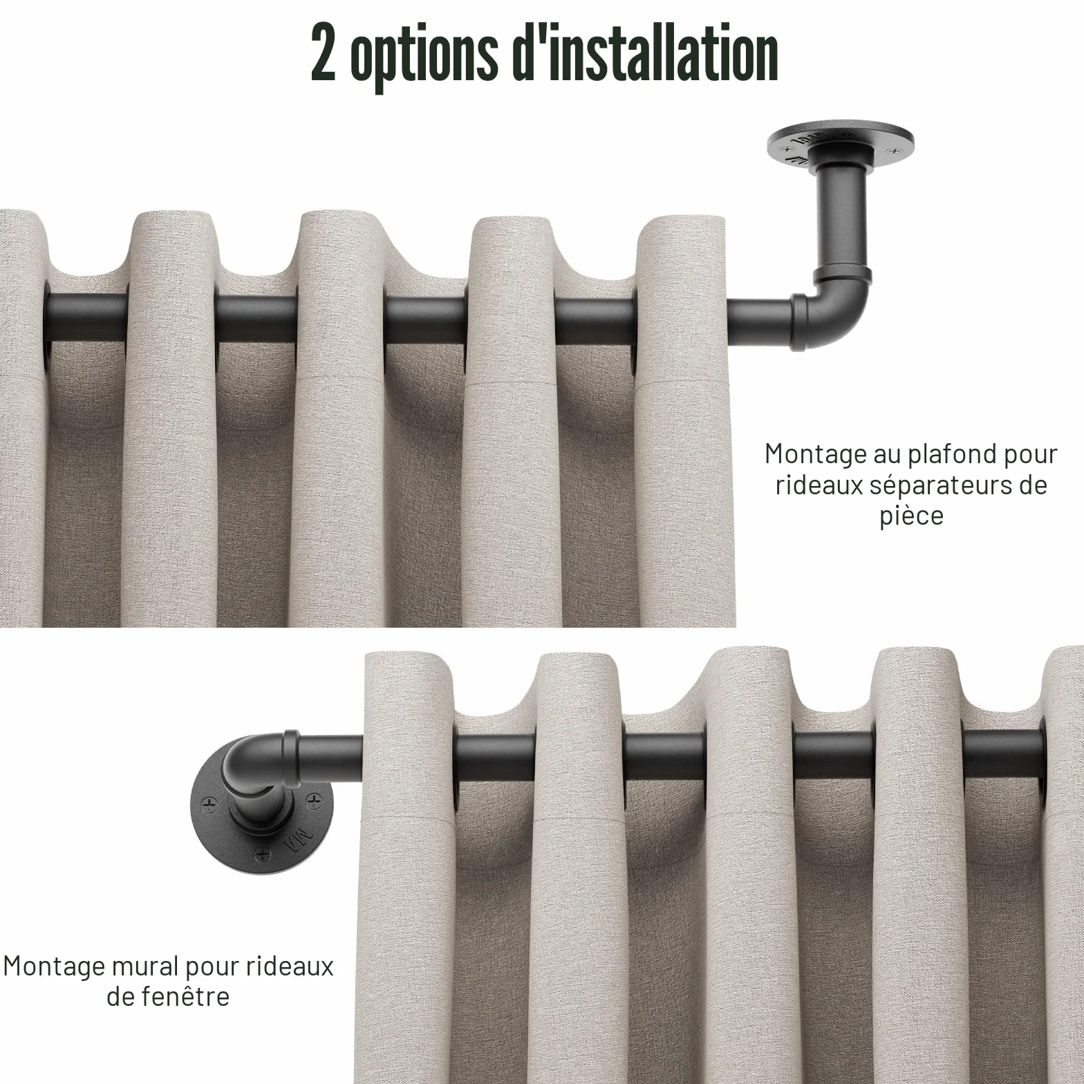 Tringle à Rideaux Industrielle 80-305cm Extensible Diamètre 25 mm Montage au Plafond Noir