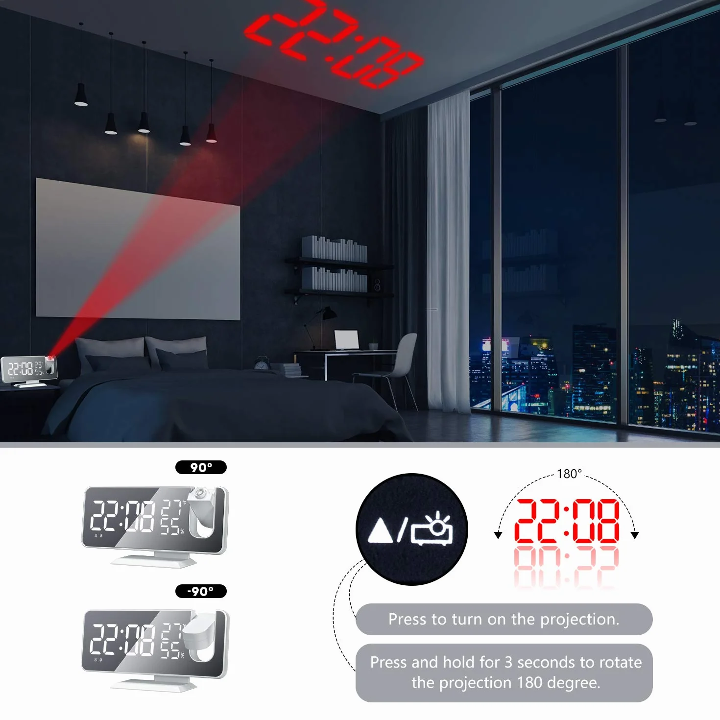 Réveil à Projection Horloge Numérique avec Radio Snooze Variateur Grand écran Projecteur 180°