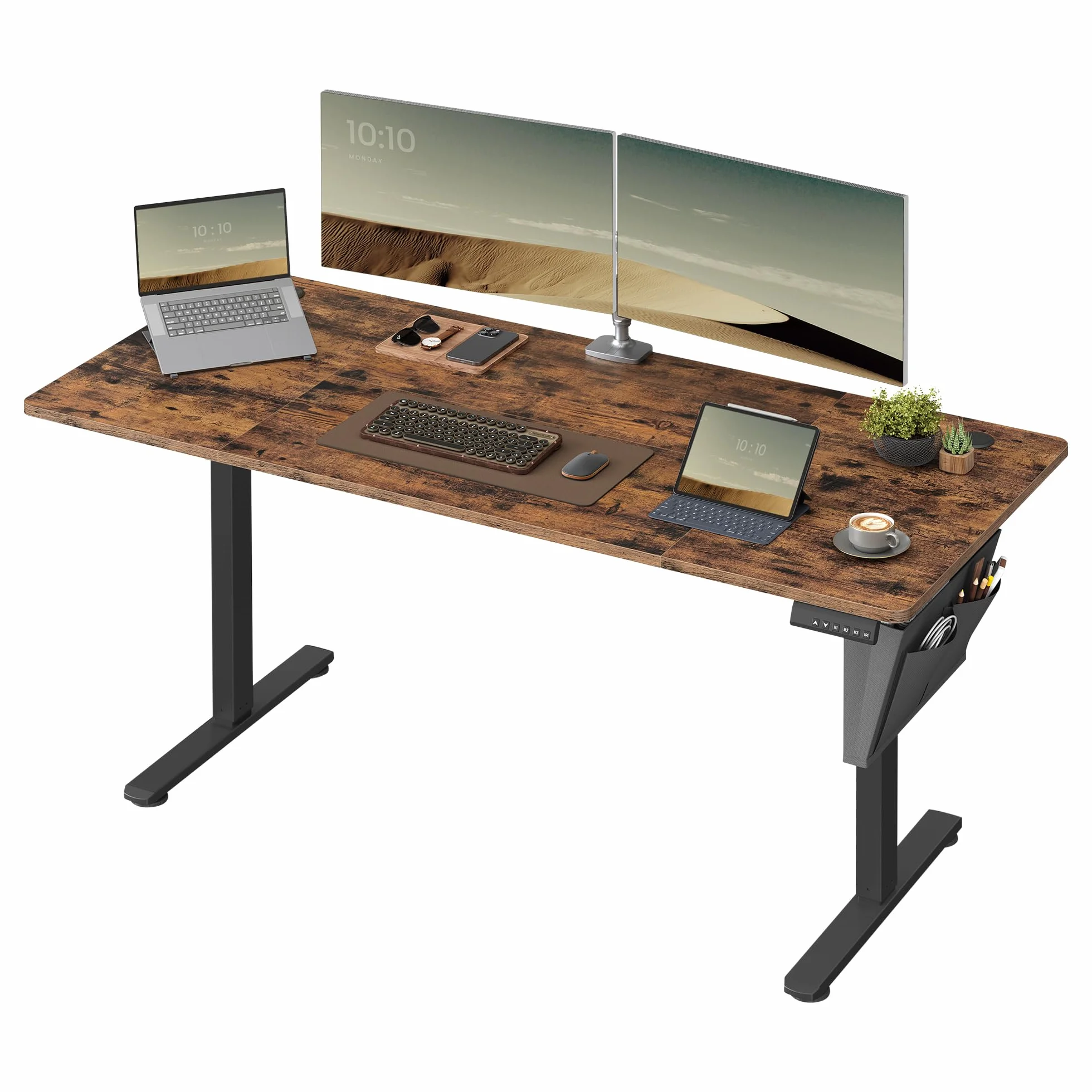 SONGMICS Bureau Électrique Réglable en Hauteur, 160 x 70 cm, Table Assis-Debout, Fonction Mémoire 4 Hauteurs, Marron Rustique et Noir
