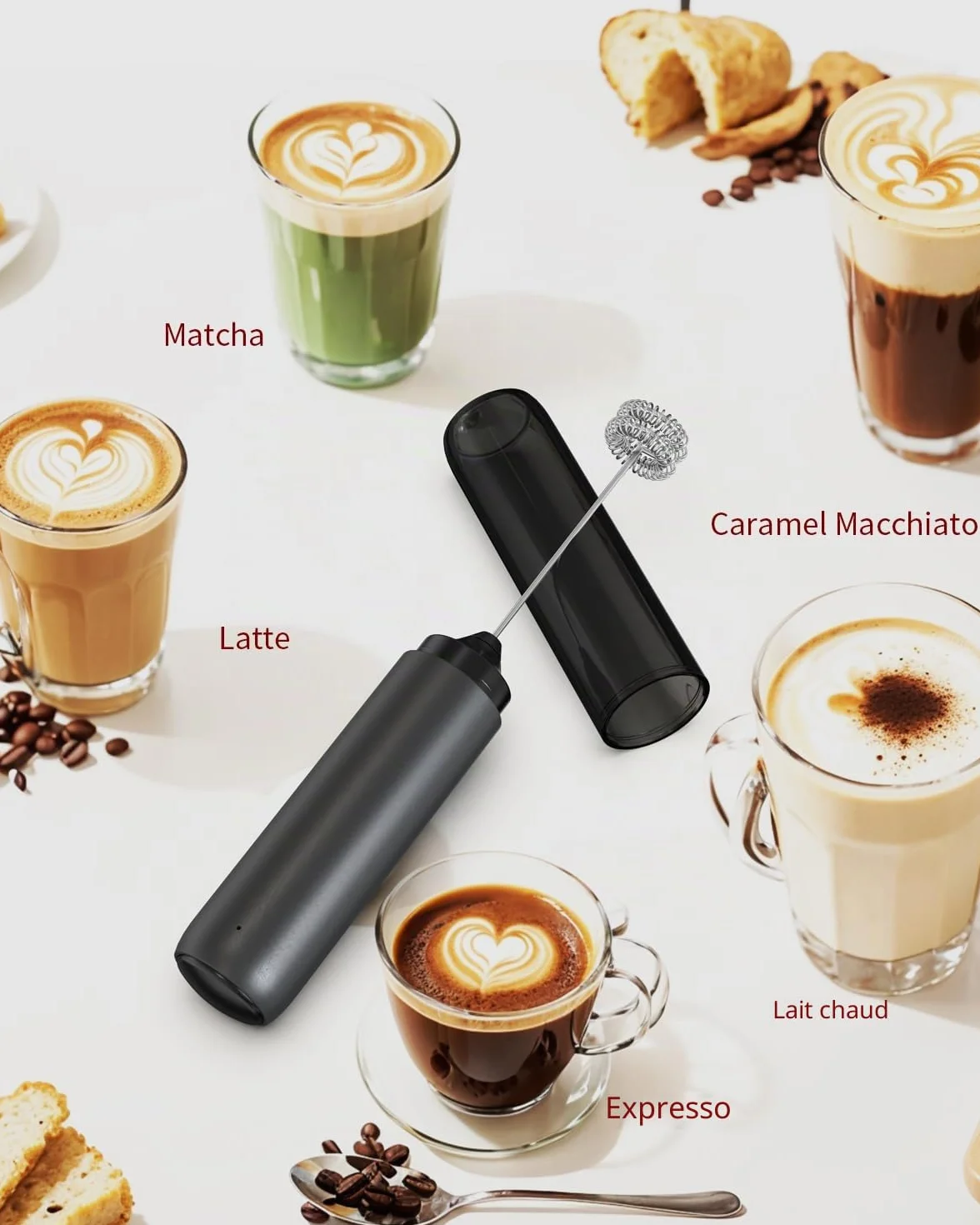 Mousseur à Lait Électrique Rechargeable sans Fil pour Café Latte Cappuccino Noir