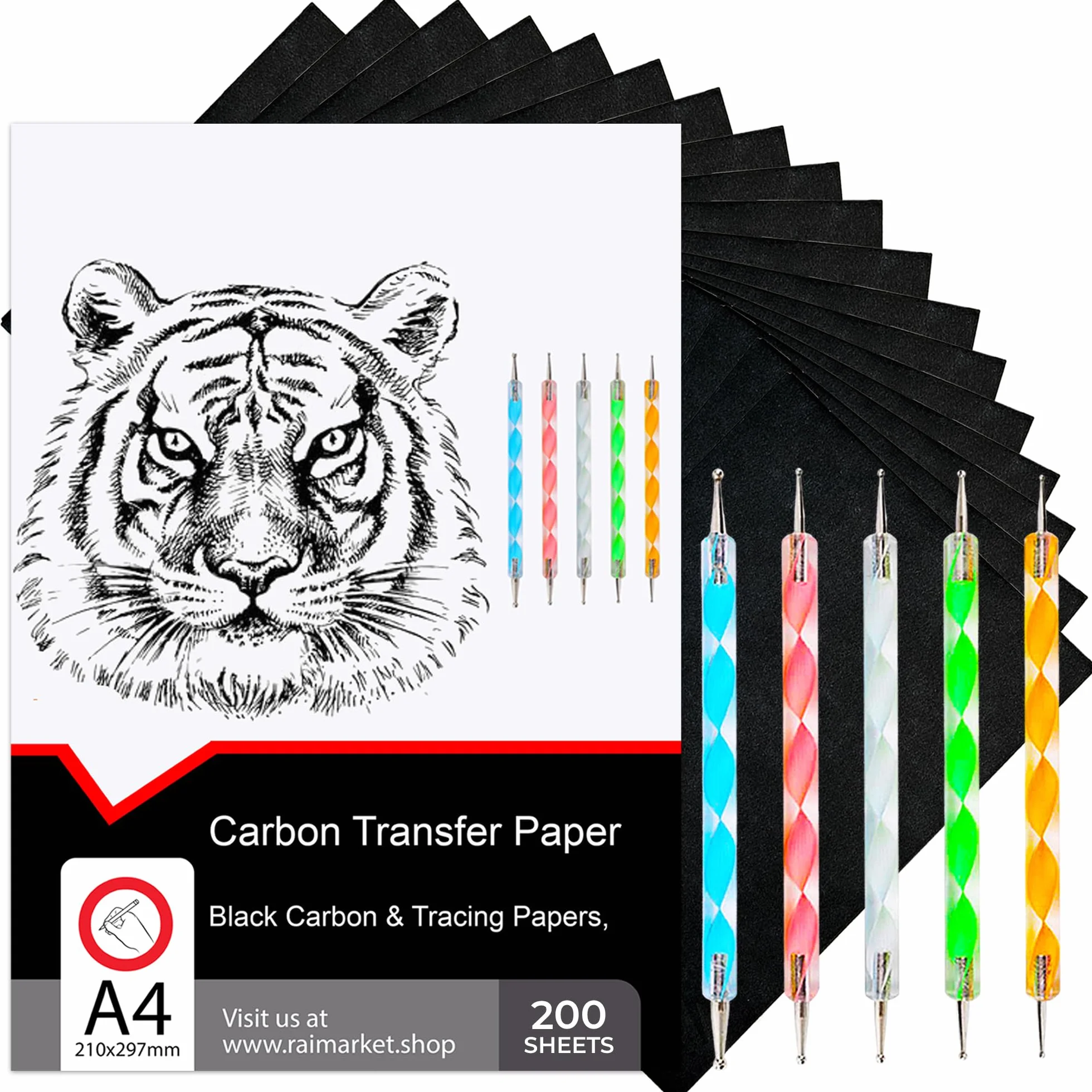 Papier carbone noir A4 Lot de 200 feuilles pour traçage sur tissu bois toile avec 5 stylets