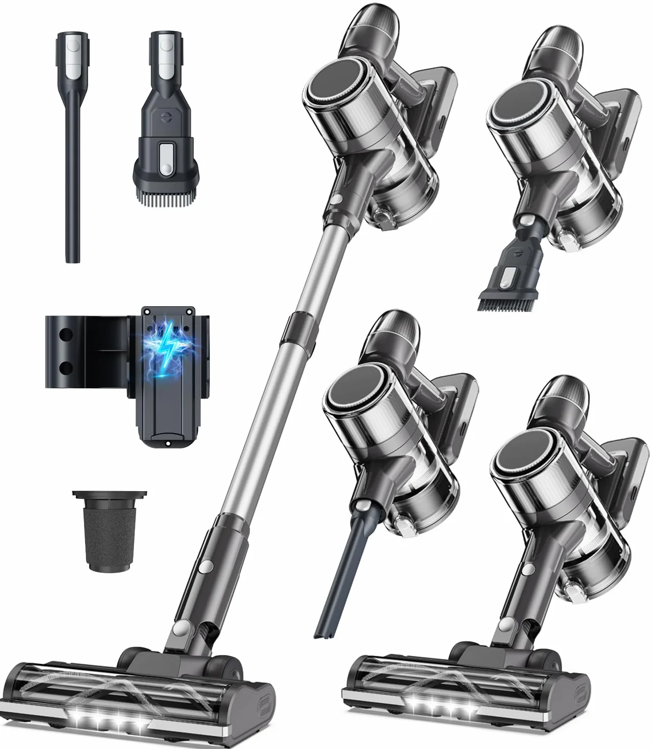 Aspirateur Balai sans Fil Puissant Électrique Silencieux Autonomie Rechargeable Batterie Cyclonique Brosse LED pour Poils d’Animaux Tapis Sols Durs