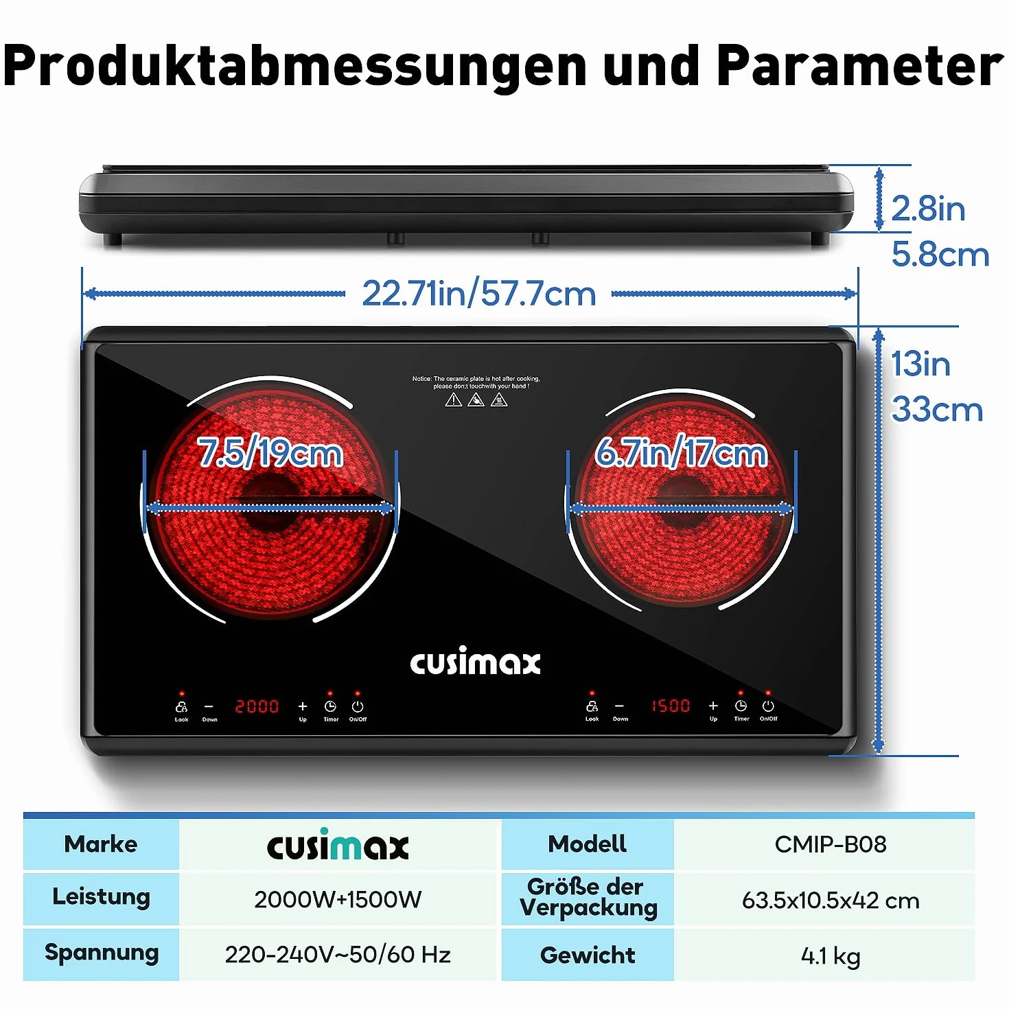 CUSIMAX Plaque de cuisson infrarouge 3500 W en acier inoxydable, 2 plaques électriques avec écran LED, minuterie, contrôle tactile, protection enfant, noir
