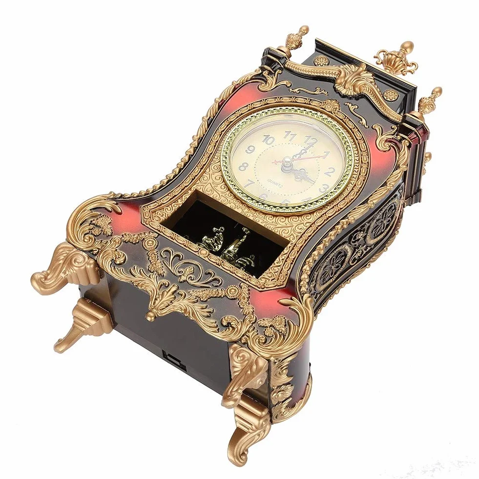 Tbest Pendule de Cheminée Antique Vintage Horloge de Table en Plastique Rouge Brunâtre