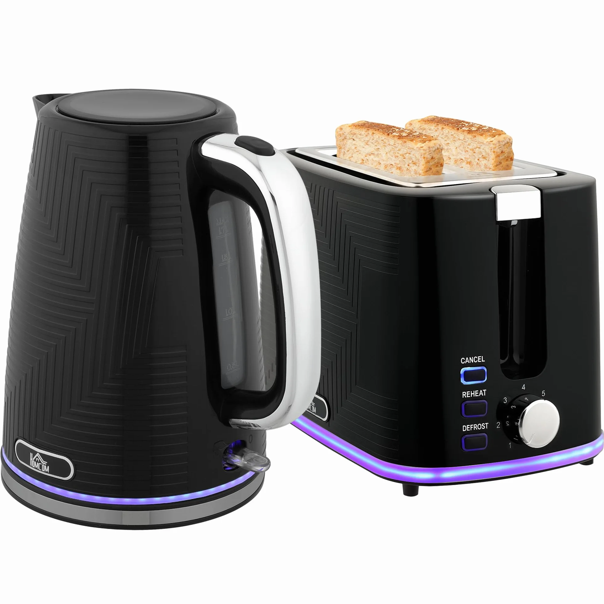 HOMCOM Bouilloire Toaster Set Acier inoxydable 1,7L Bouilloire 2 disques Toaster 2200W Set petit-déjeuner avec thermostat Otter, 7 niveaux de brunissage, décongélation, réchauffage, compartiment à
