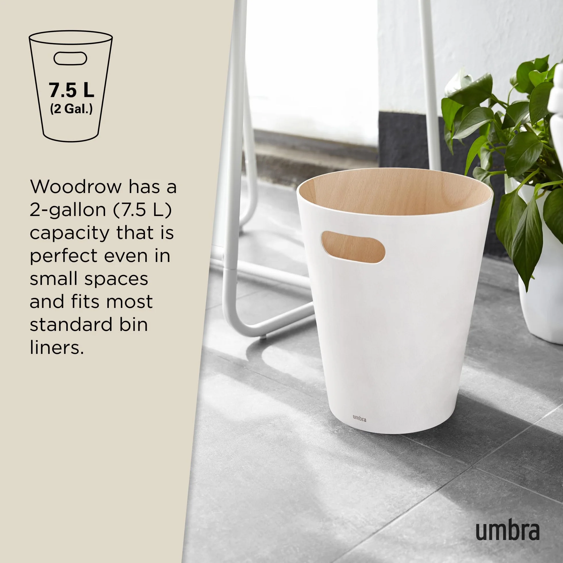 Umbra Woodrow Poubelle Corbeille À Papier Moderne Bois 7.5 L Salle De Bain Bureau Hêtre Commun Blanc/Naturel