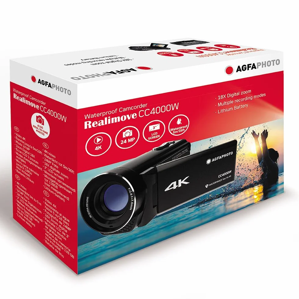 AGFA Realimove CC4000W - wodoodporna kamera 4K, 3-calowy ekran dotykowy, 18-krotny zoom cyfrowy, wideo 2,7K, zdjęcie 24 MP, pilot zdalnego sterowania, wiele trybów nagrywania, bateria litowa - czarna