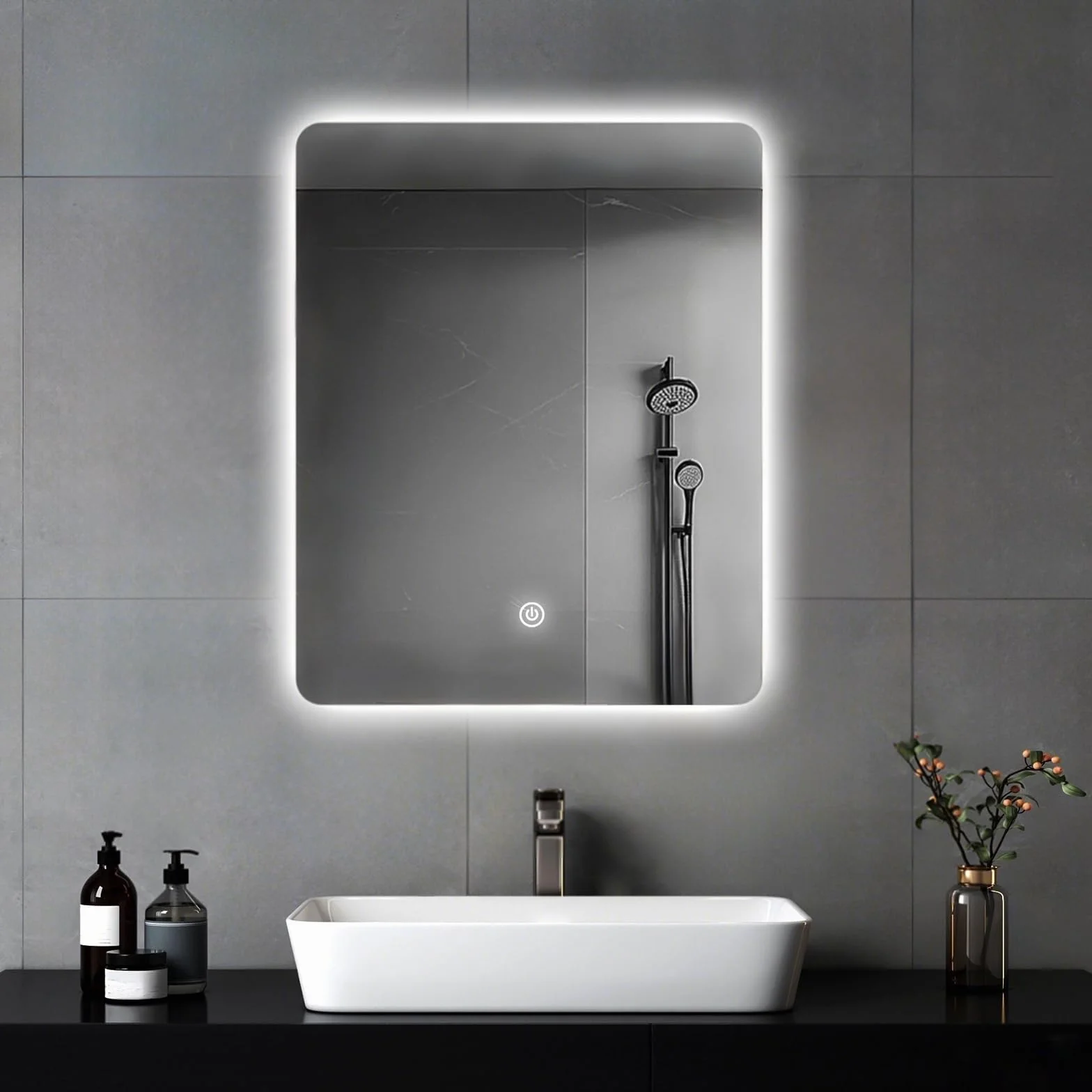 Miroir Mural de Salle de Bain, avec éclairage, 60 x 45 cm, avec lumière LED, Interrupteur Tactile et 3 Couleurs à intensité Variable (rectangulaire)