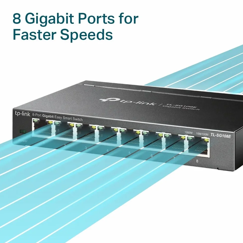TP-Link TL-SG108E – 8-portowy gigabitowy smart switch z funkcją VLAN, QoS, IGMP, bez wentylatora, metalowa obudowa – do biura i małej firmy