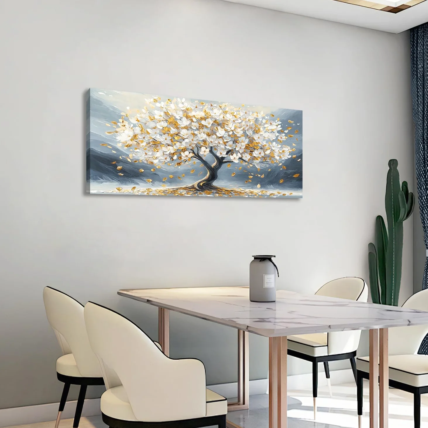 Cadre en Bois Impression sur Toile Arbre De Vie Fleurs Blanche Tableau Peinture Poster Mural Moderne Gris Or Image sur Toile Grandes Tableau Decoration Murale Salon Chambre Restaurant 50x120cm