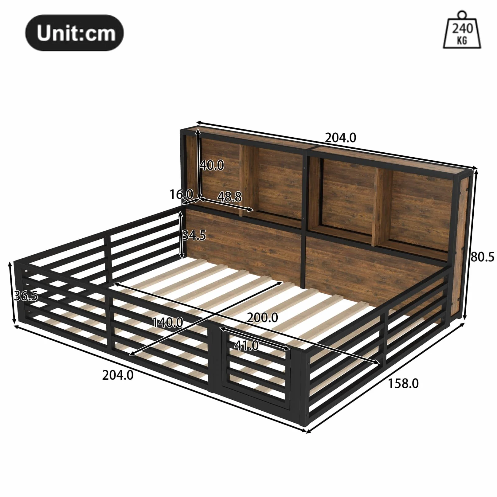 Lit Au Sol 140x200cm en Métal,Lit 2 Personnes Montessori avec Éclairage LED Réglable,Compartiment de Rangement,Porte,Barrières Hautes,pour Garçons Filles(Noir)